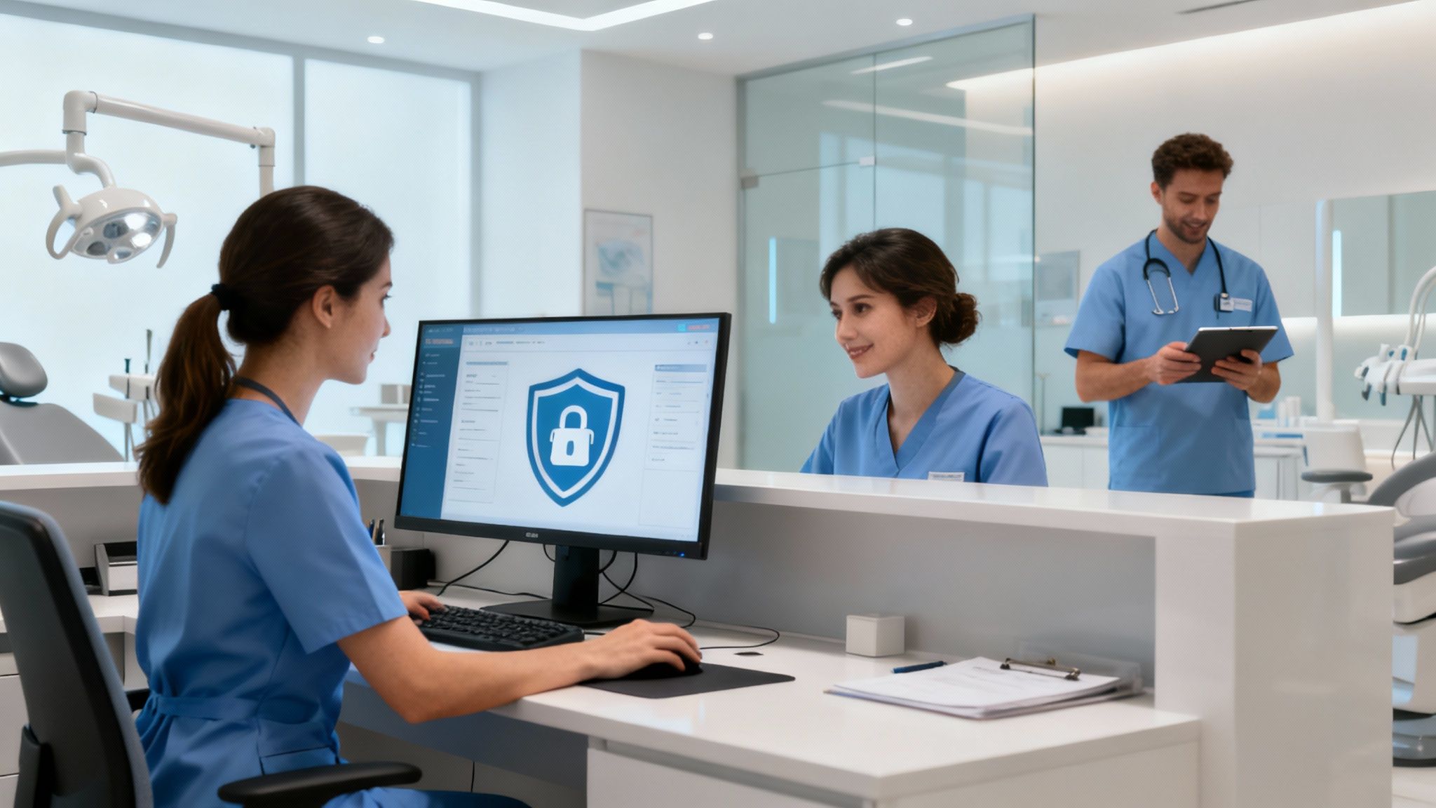 Three healthcare professionals in a modern clinic, one uses a computer displaying a security shield icon.