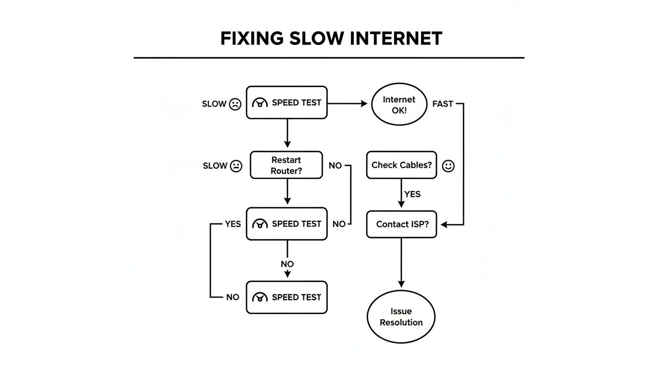 A flowchart outlining the process for troubleshooting and resolving slow internet issues.