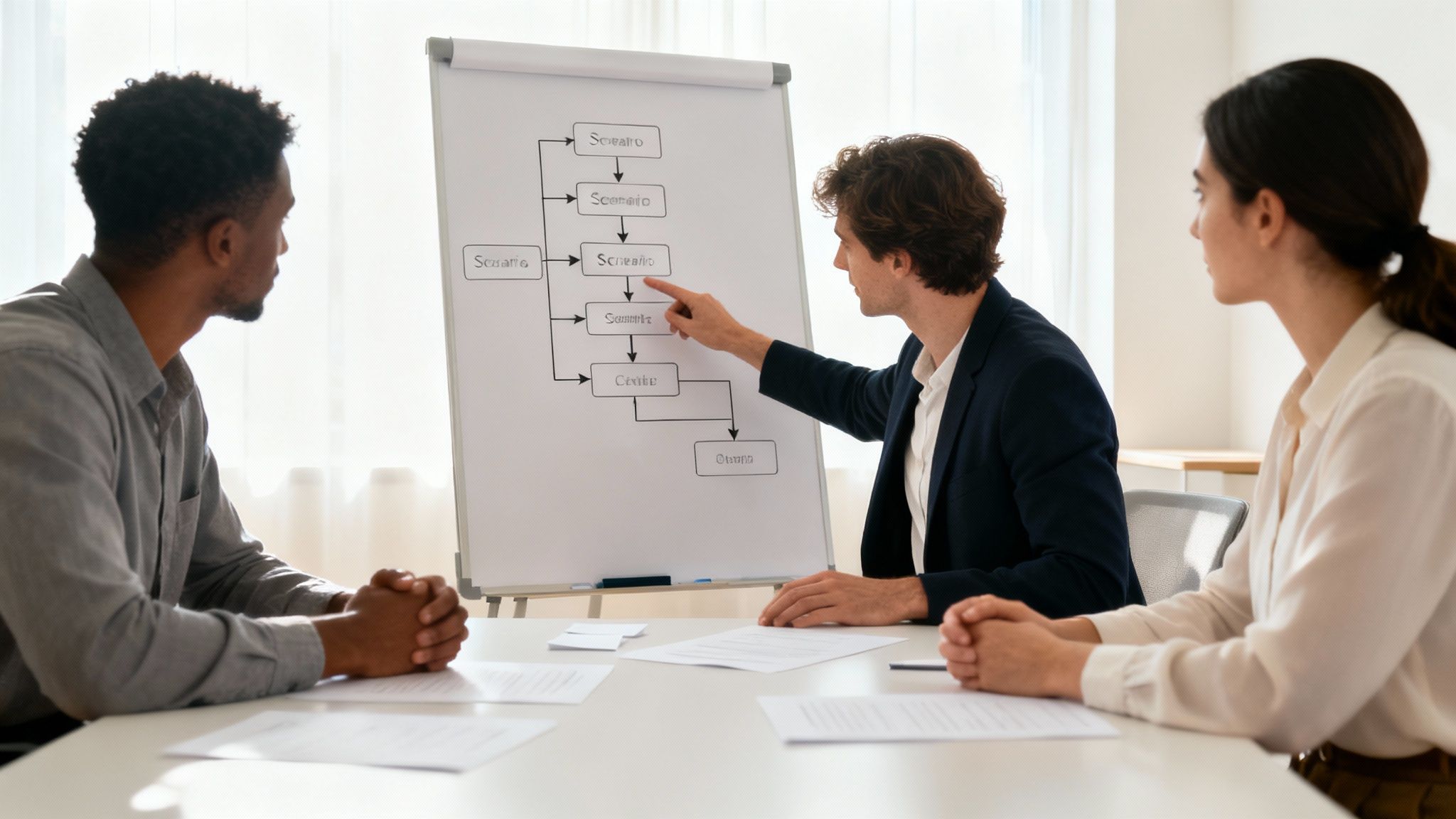 A team of professionals gathered around a conference table, actively discussing and testing their disaster recovery plan.