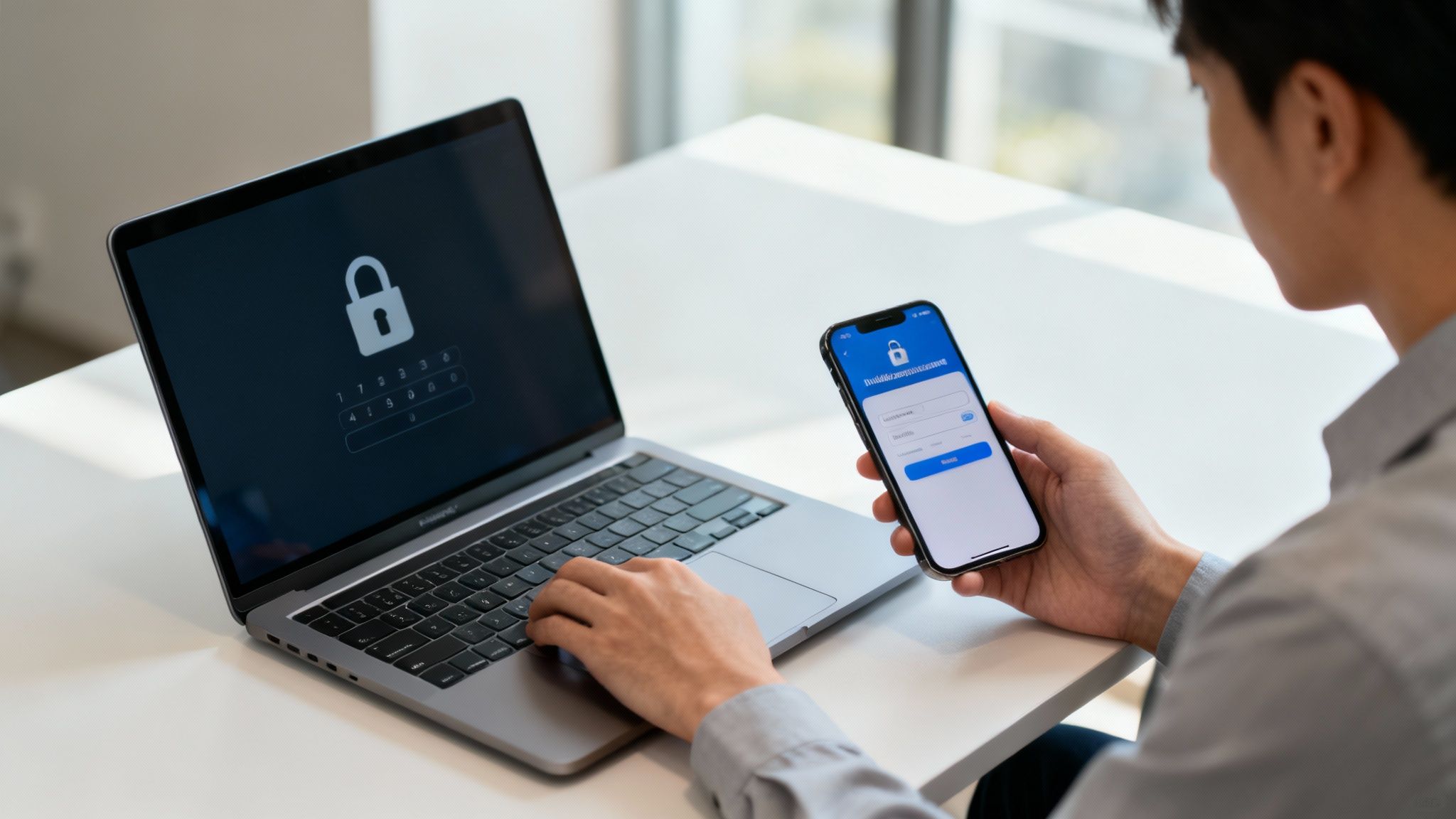 A person working on a laptop with a digital lock overlay, symbolizing cybersecurity.