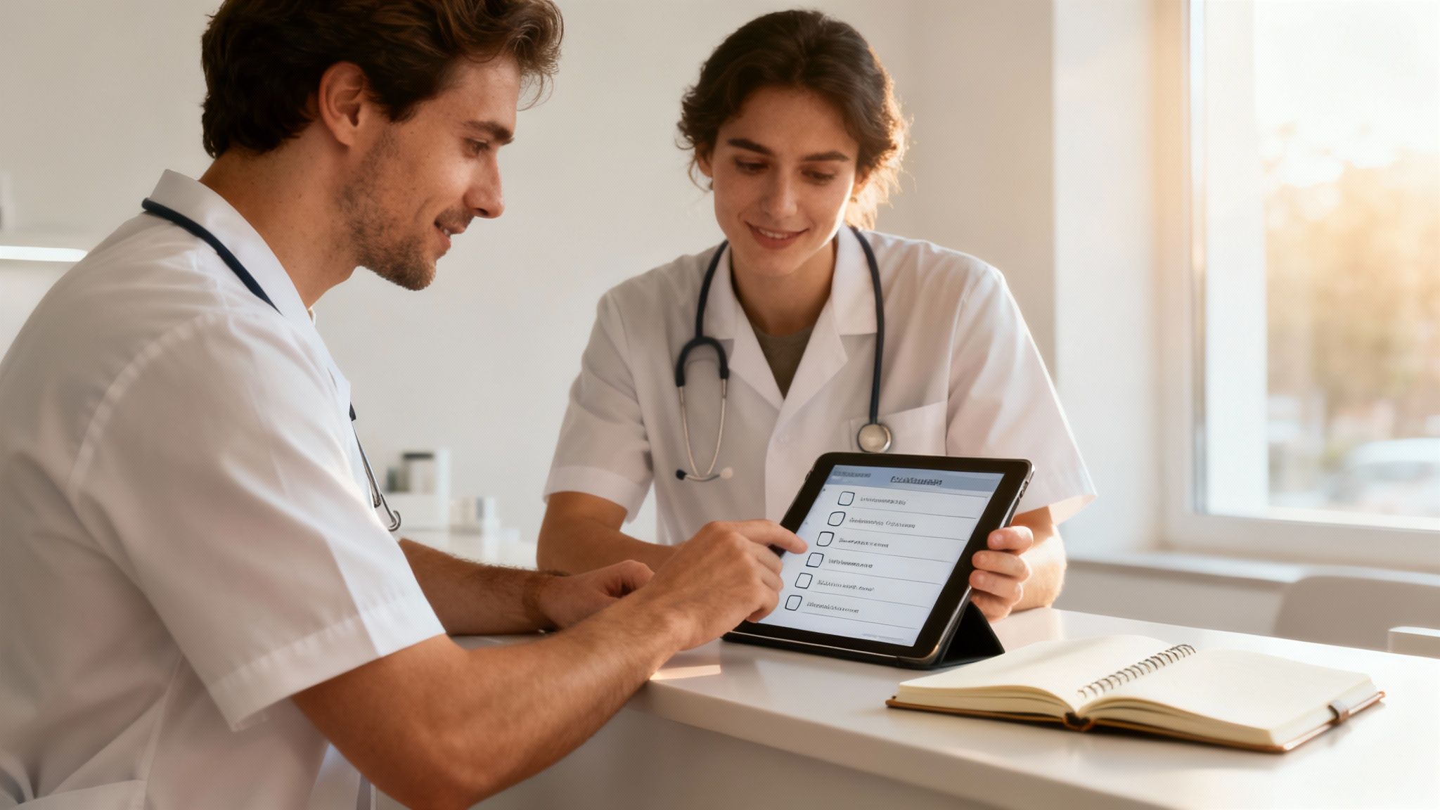 Two smiling doctors collaboratively review patient data on a tablet, with one pointing at the screen.
