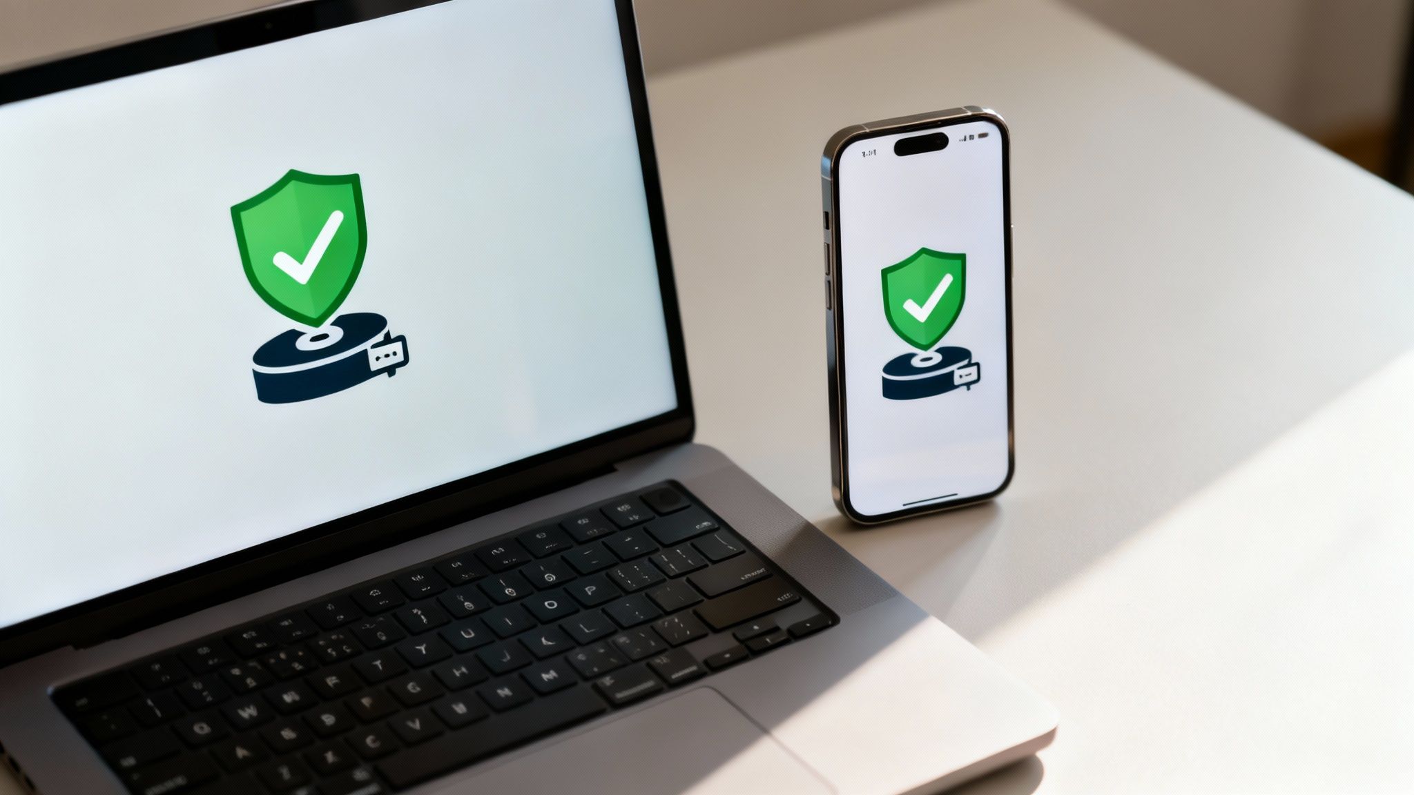 A laptop and smartphone display an icon symbolizing data security and digital protection.