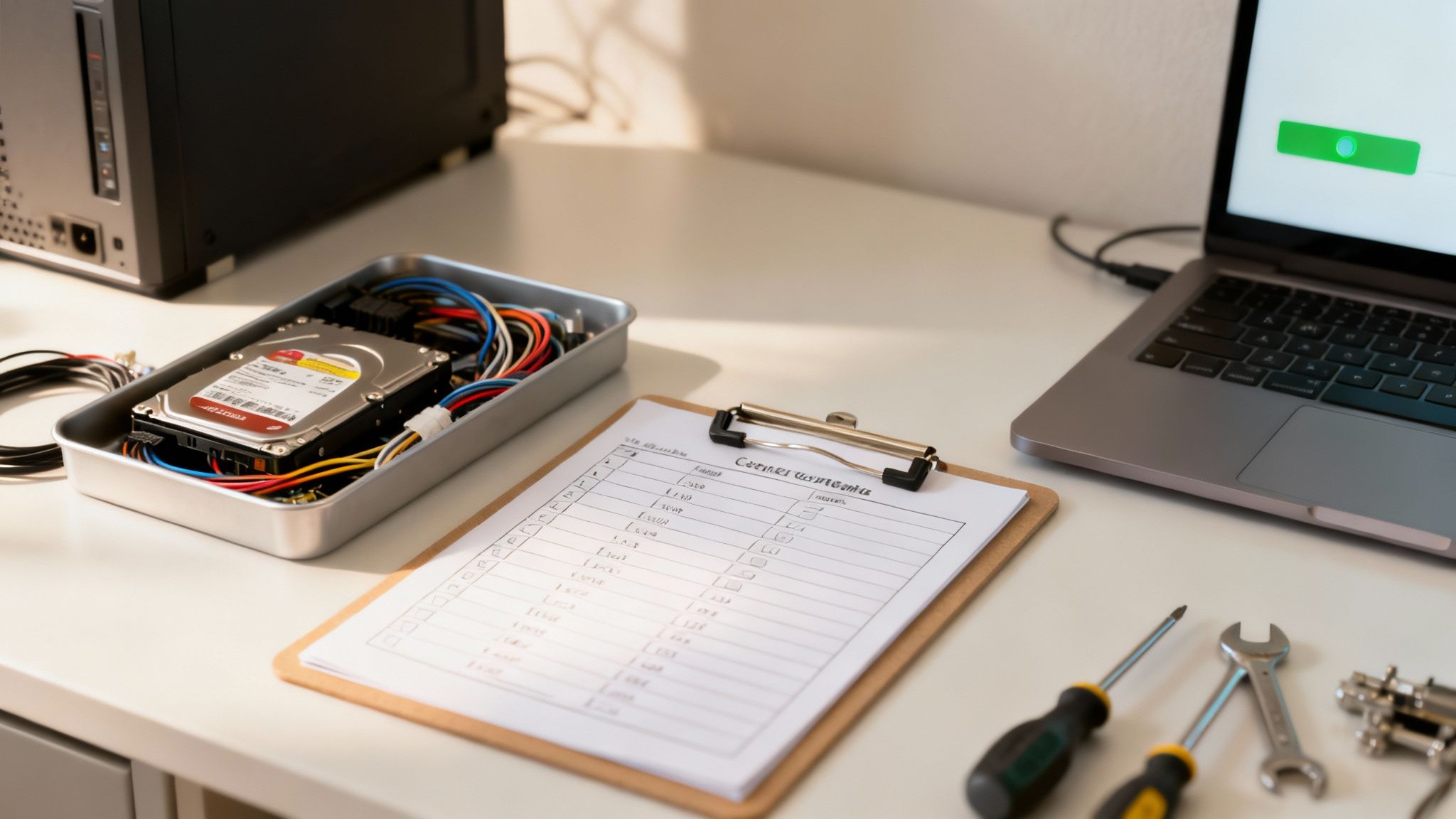 A professional technician's desk with computer hardware, tools, and a checklist for repair.