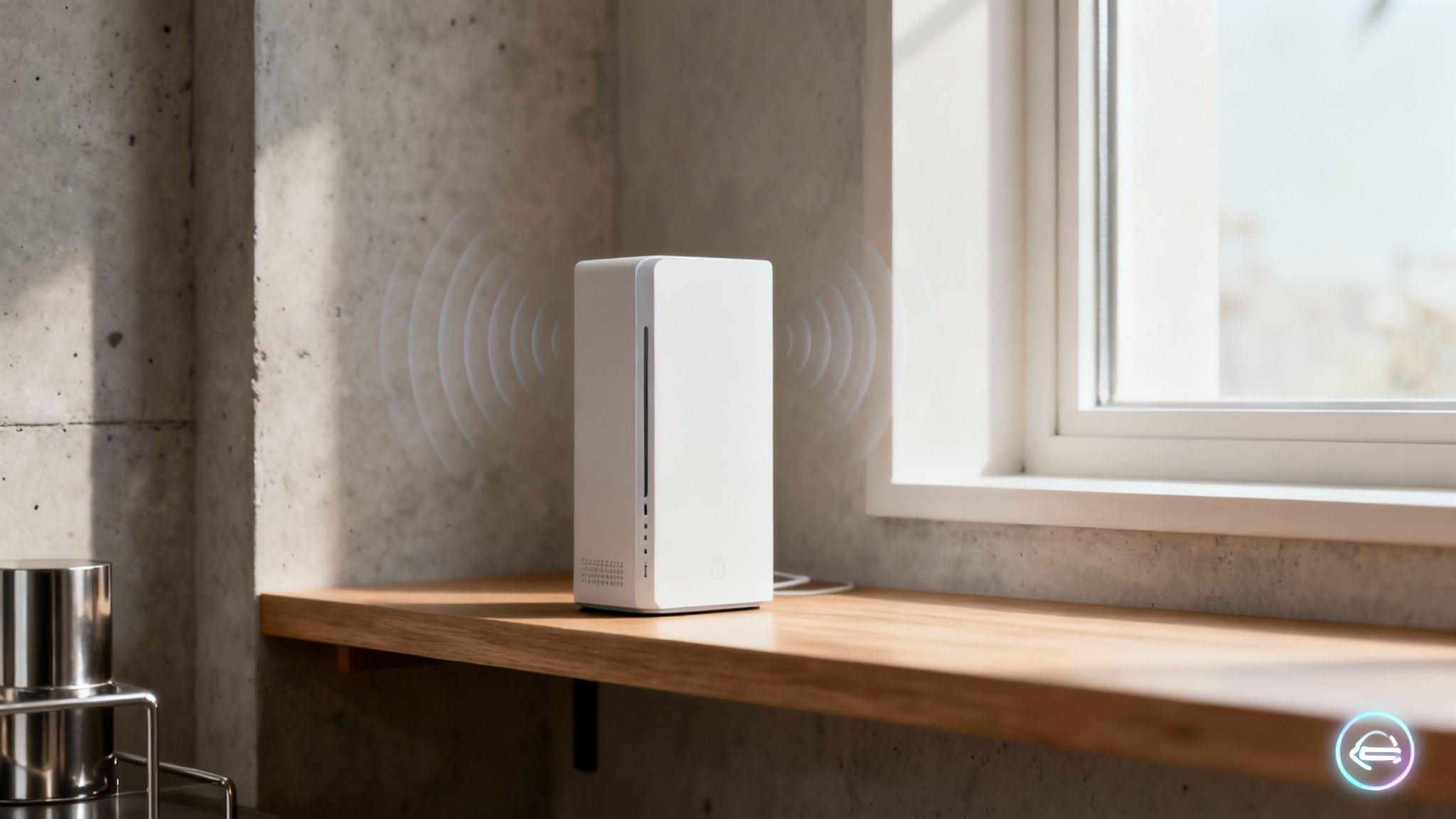White wireless router on wooden desk emitting signal waves near concrete wall and window