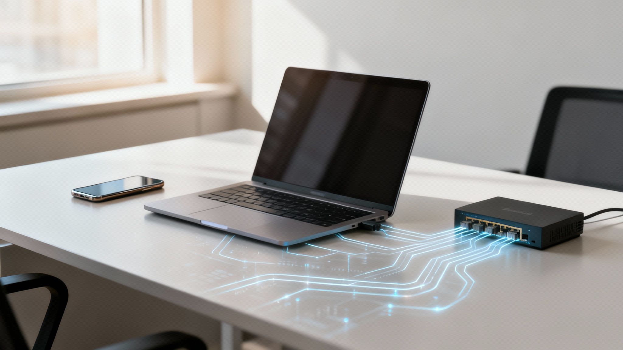 A modern office with employees working on computers, illustrating a connected network infrastructure.