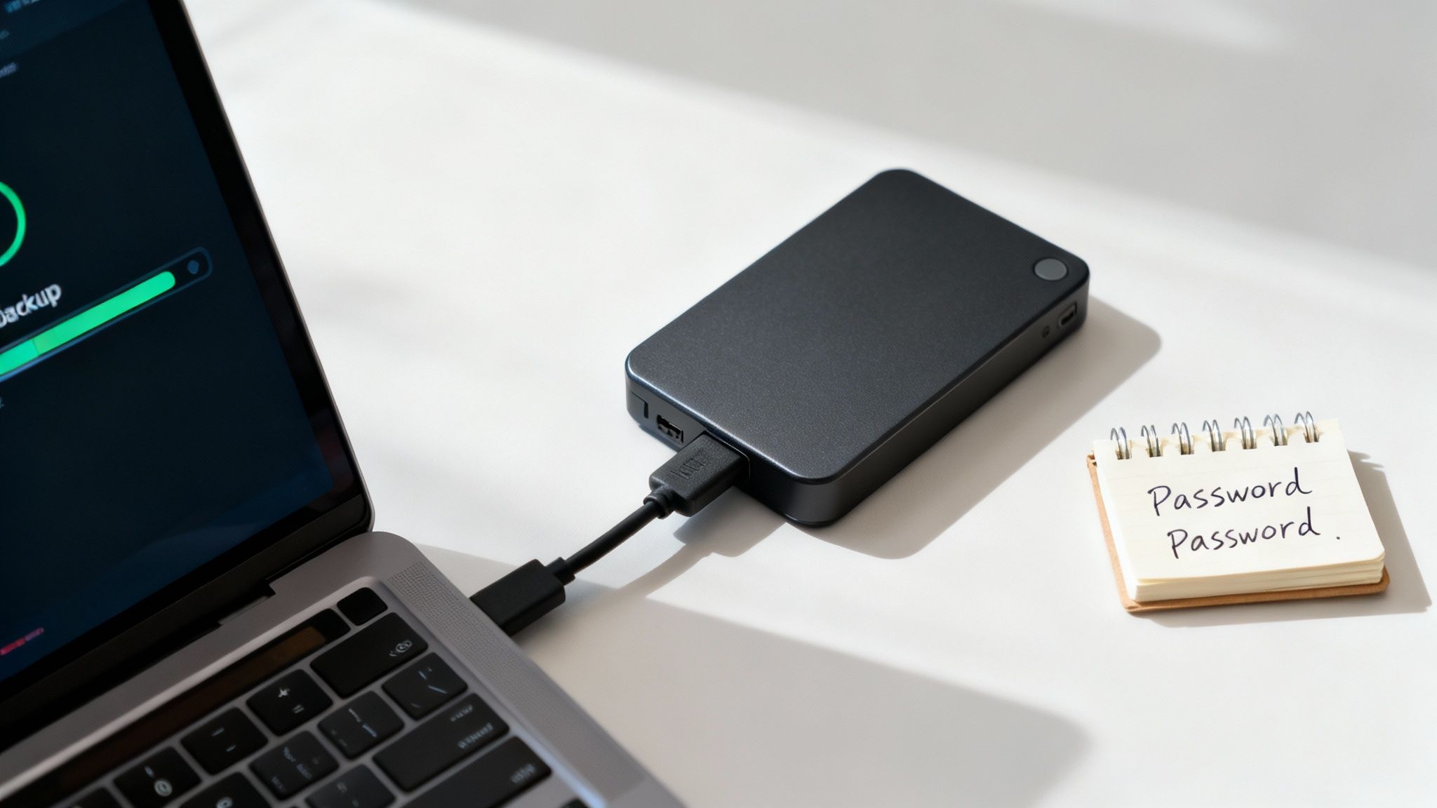 A person backing up files from a laptop to an external hard drive on a clean desk.