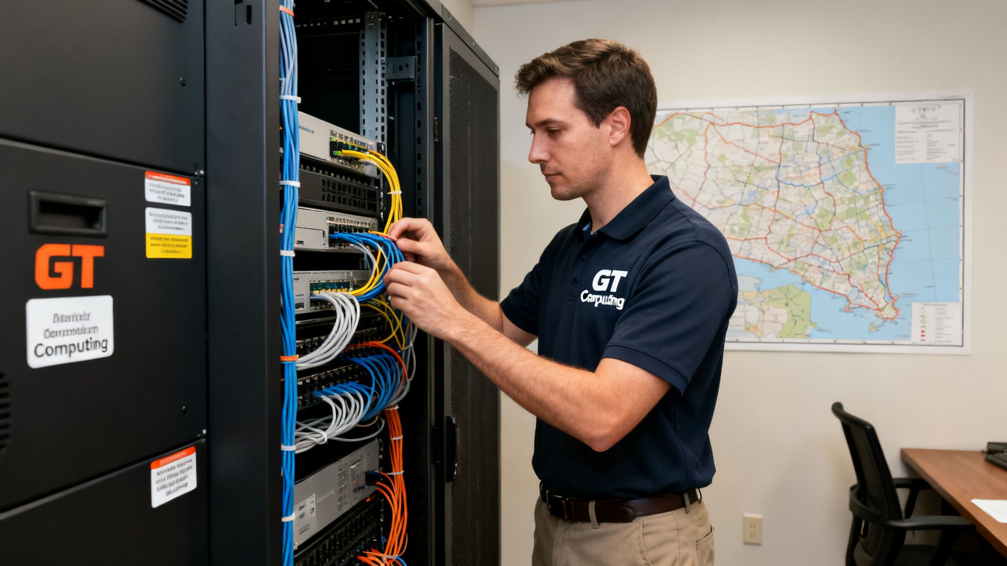 A male IT technician in a blue polo shirt organizes colorful network cables in a server rack.