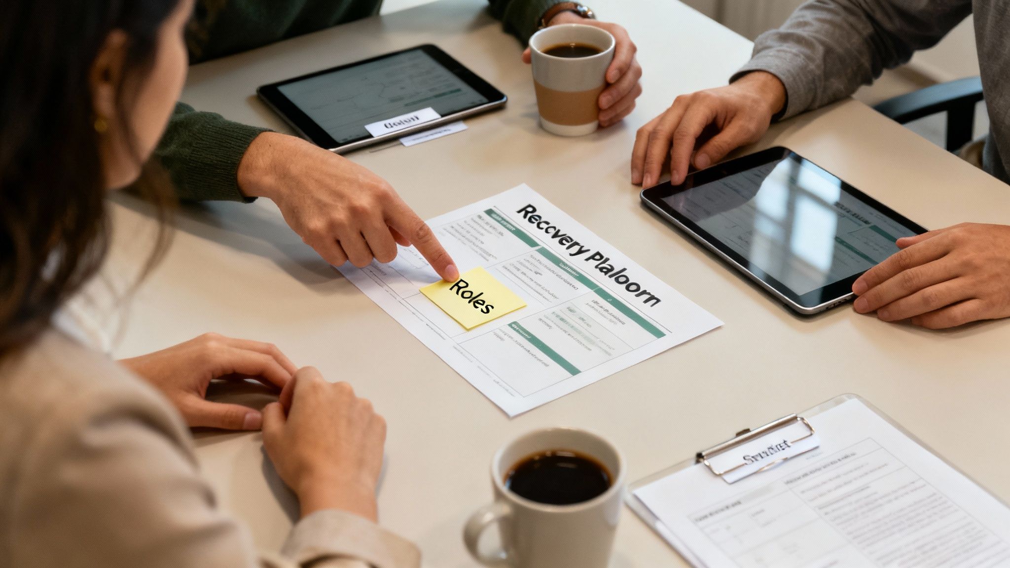 A team collaborating around a table with laptops and documents, planning a project.