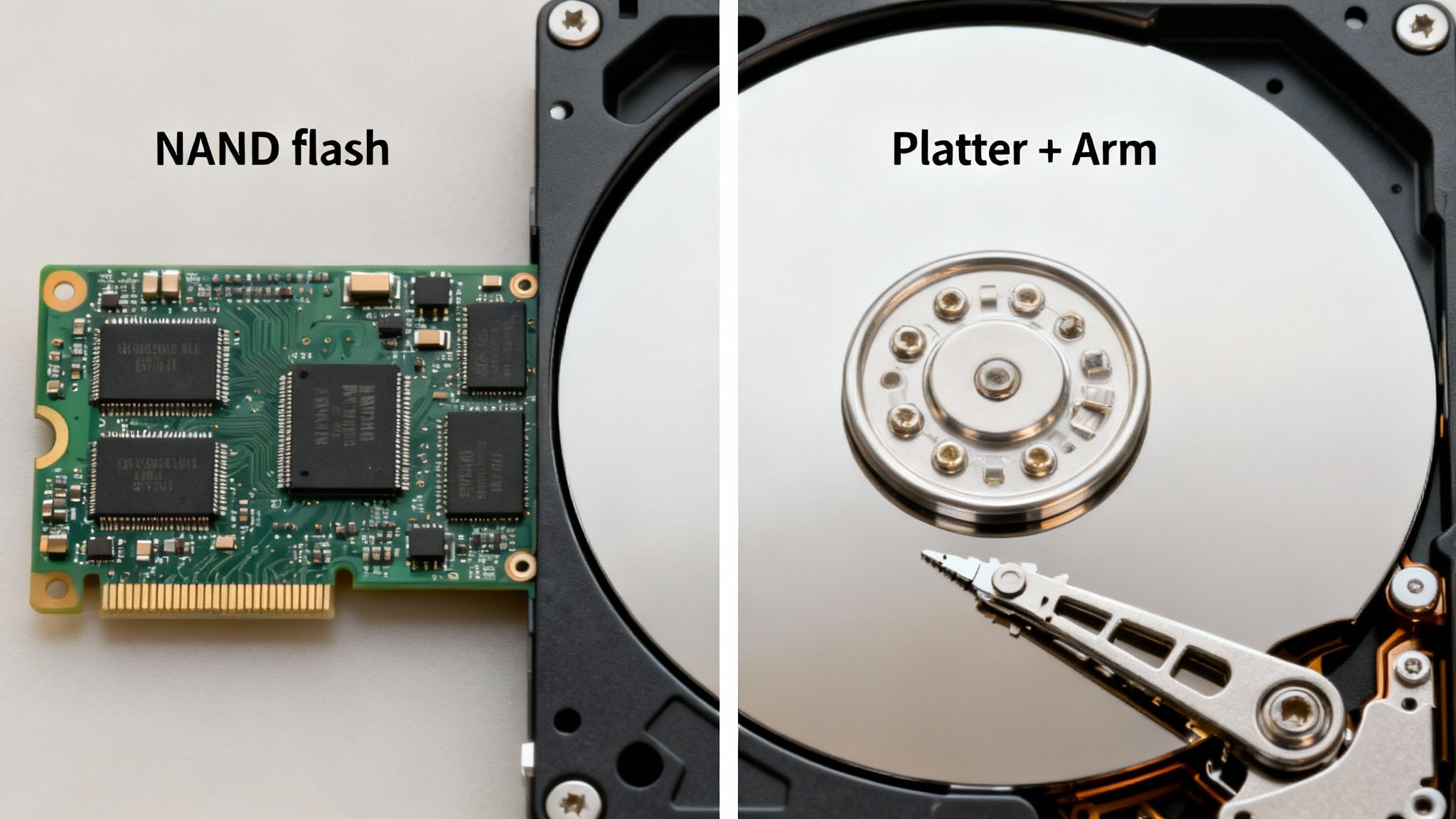 Side-by-side comparison of NAND flash (SSD) and a hard disk drive platter with arm.
