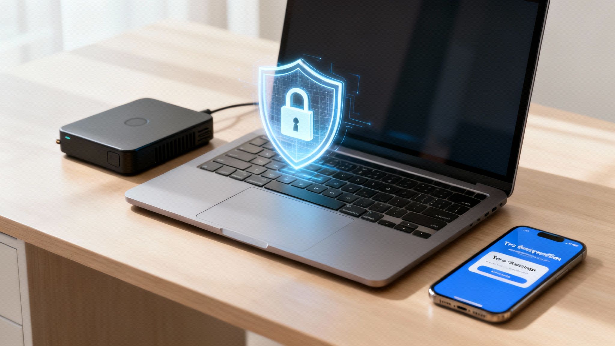 Laptop with glowing security shield icon, external drive, and smartphone displaying login for data protection.