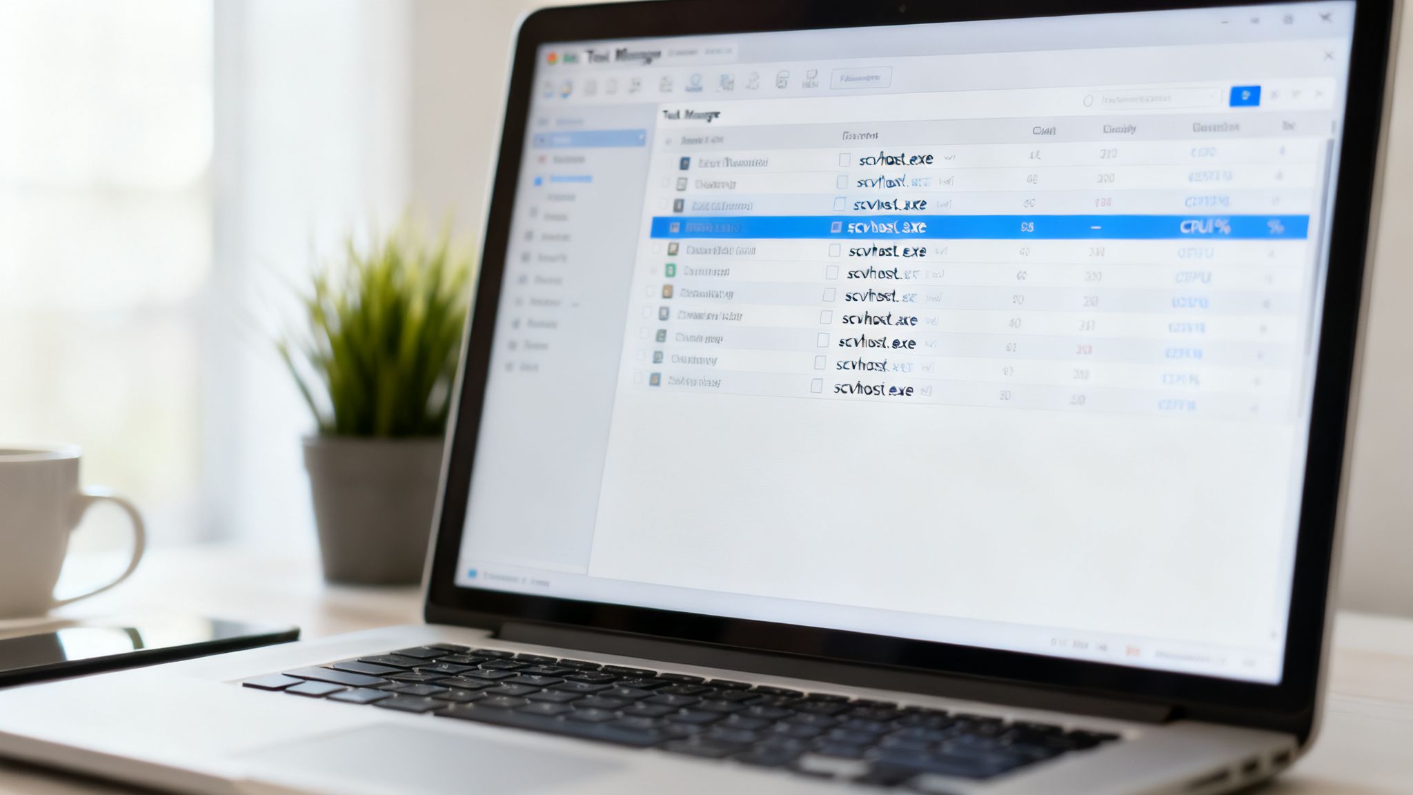 A laptop displays a task manager showing multiple 'scvhost.exe' processes, hinting at a potential computer virus.