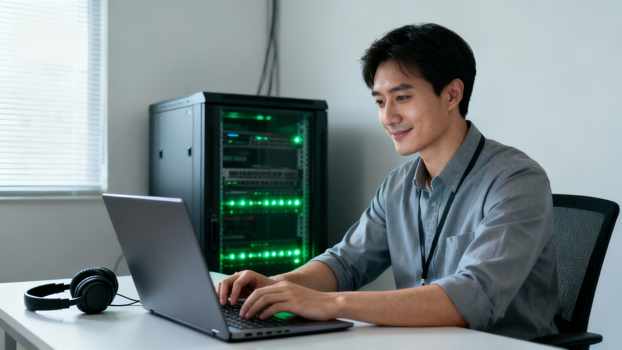 Smiling IT professional working on a laptop in a data center with a server rack.