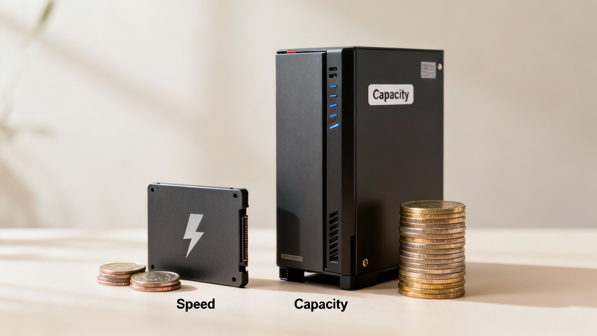 A solid-state drive (SSD) symbolizing speed, two coins, and a network-attached storage (NAS) device representing capacity with a stack of coins, illustrating data storage options.