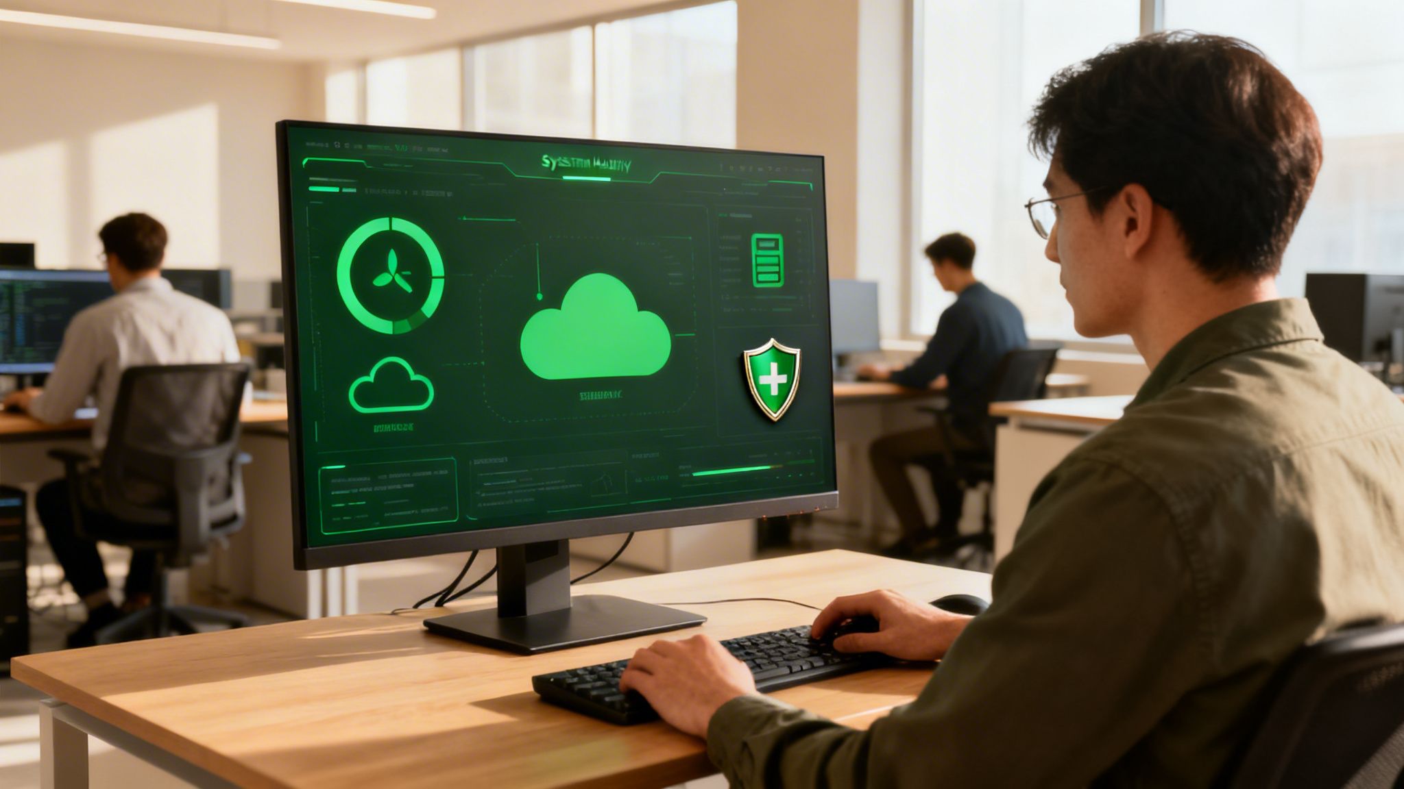 A man works on a computer displaying system health, cloud, and security icons in an office.