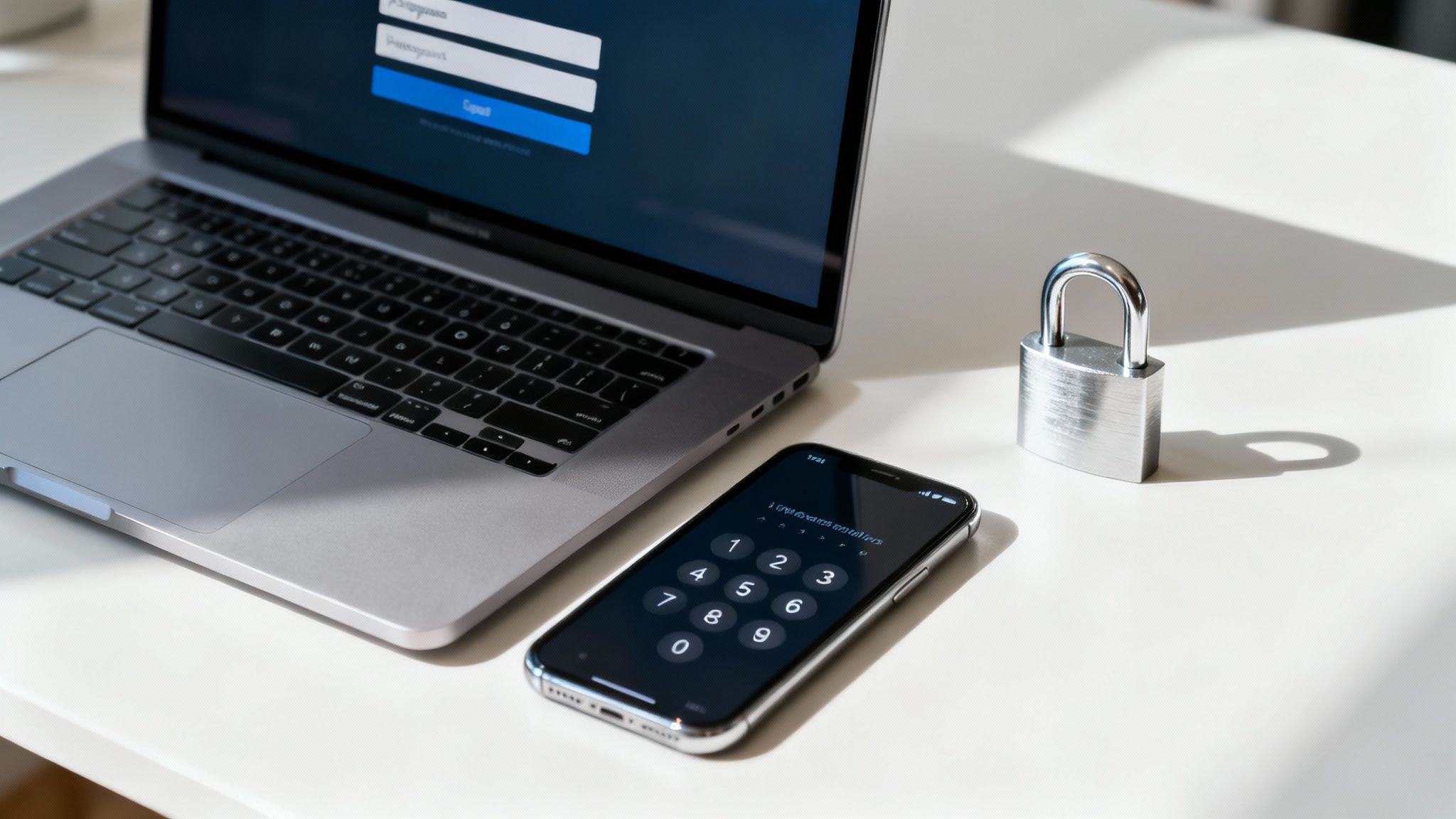 Laptop displaying login screen next to smartphone with numeric keypad and security padlock symbolizing two factor authentication