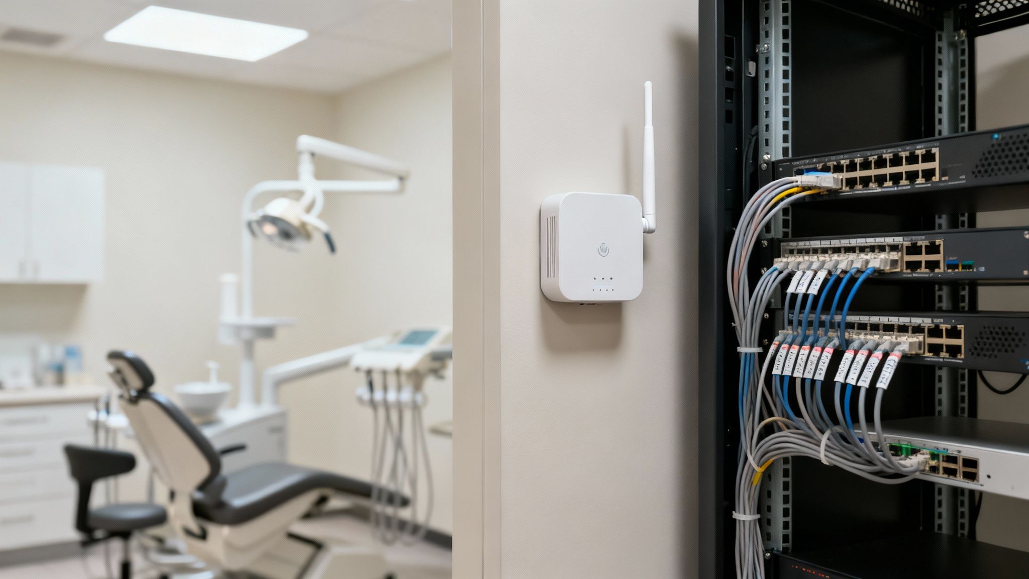 IT infrastructure including server rack and Wi-Fi access point in a modern dental office.