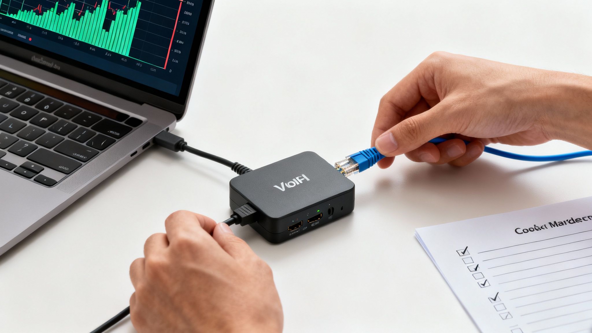 A person is shown setting up VoIP equipment on a desk, connecting a phone to a router and laptop.