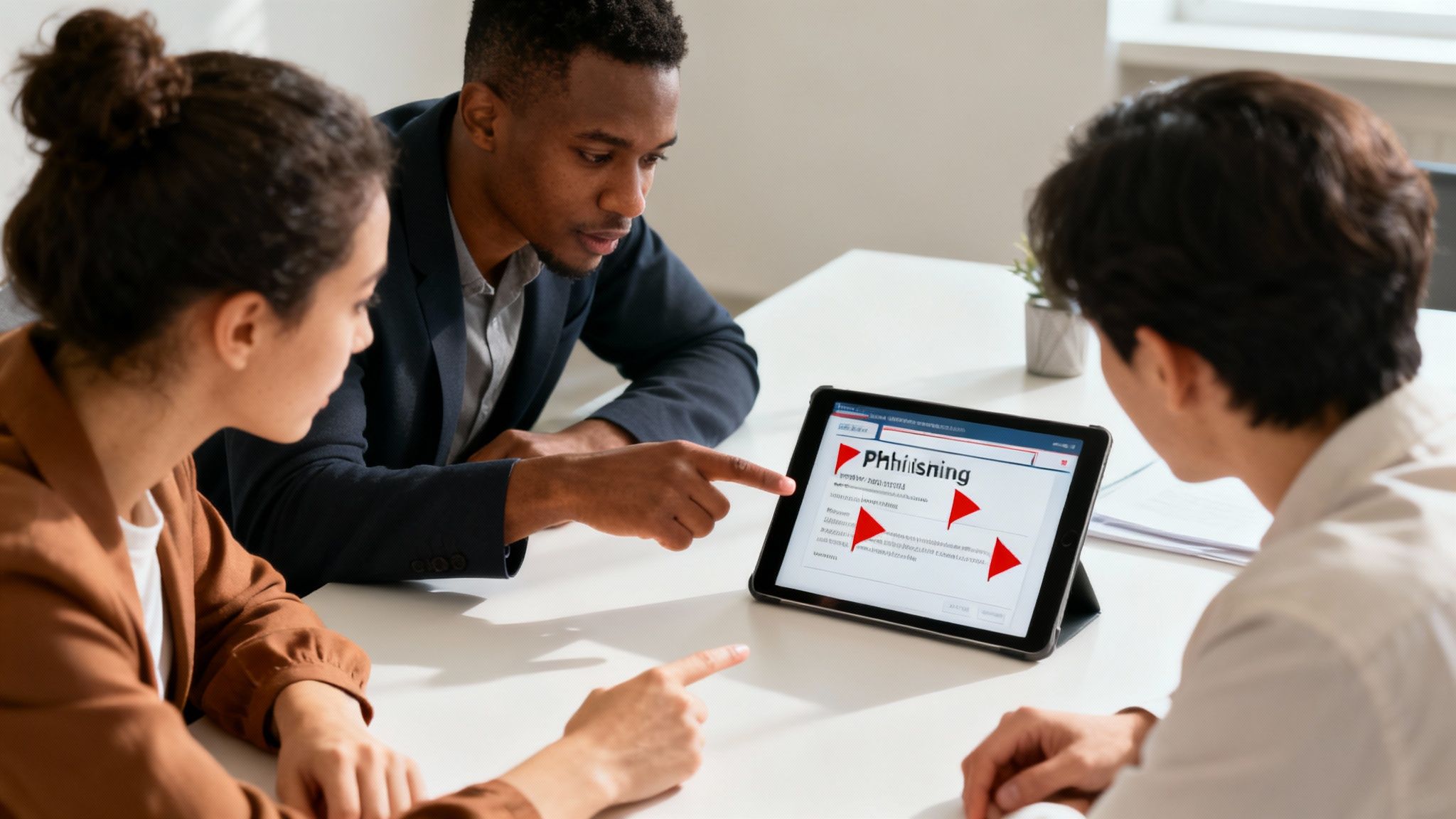 A group of employees in a modern office engaged in a security training session.
