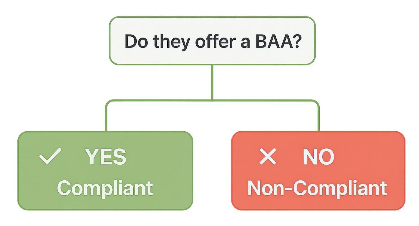 Infographic decision tree asking if a cloud provider offers a Business Associate Agreement.
