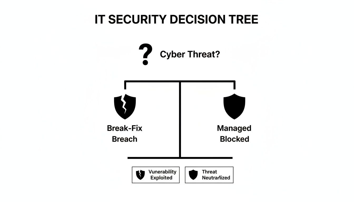 An IT security decision tree illustrating responses to cyber threats: break-fix breach versus managed blocked.