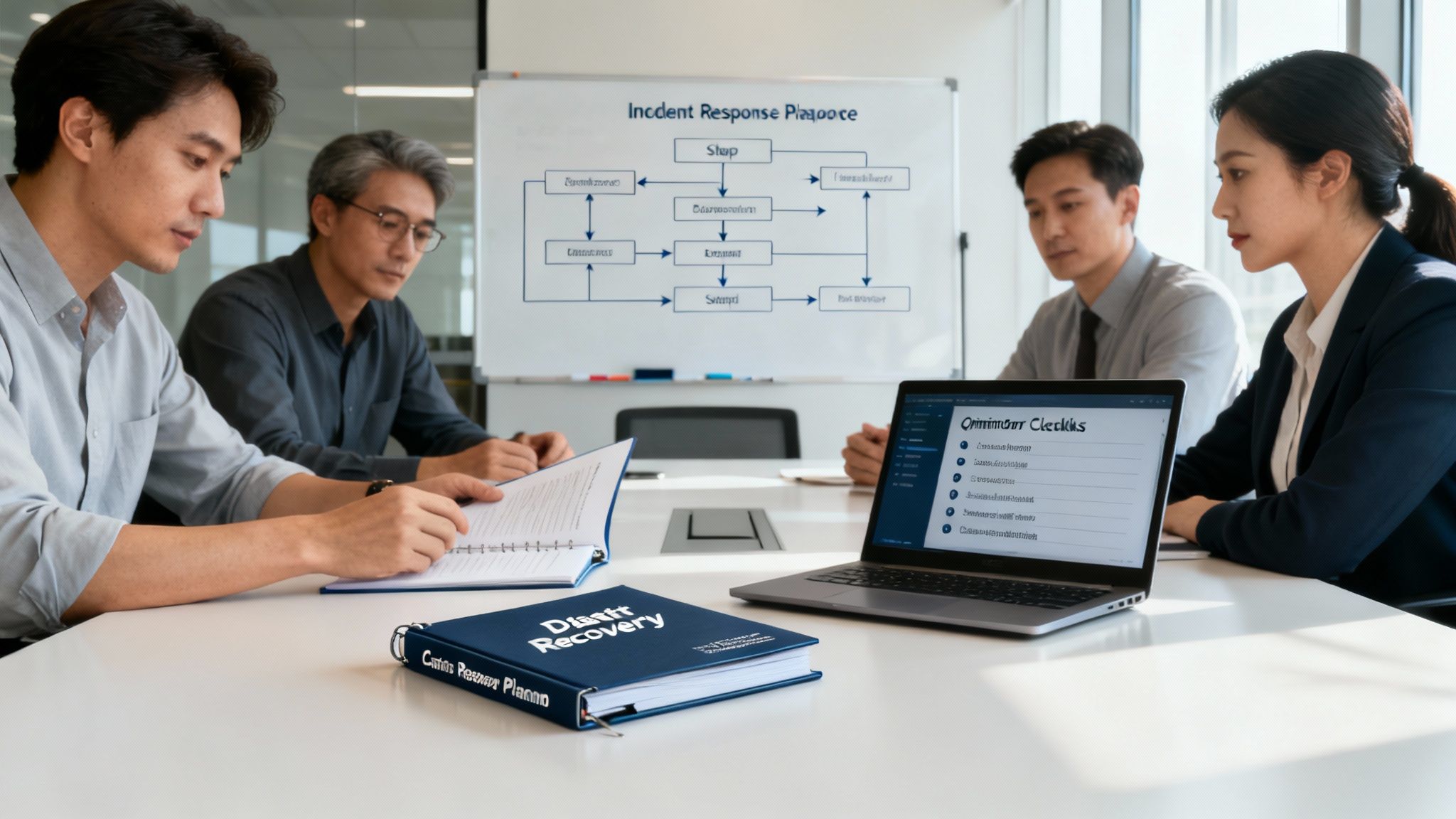 A team of professionals collaborating around a table with laptops and documents, planning a strategy.