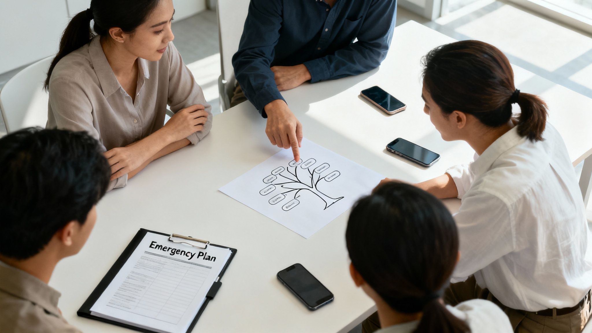 A person on the phone at a desk, looking concerned but in control, representing crisis communication.