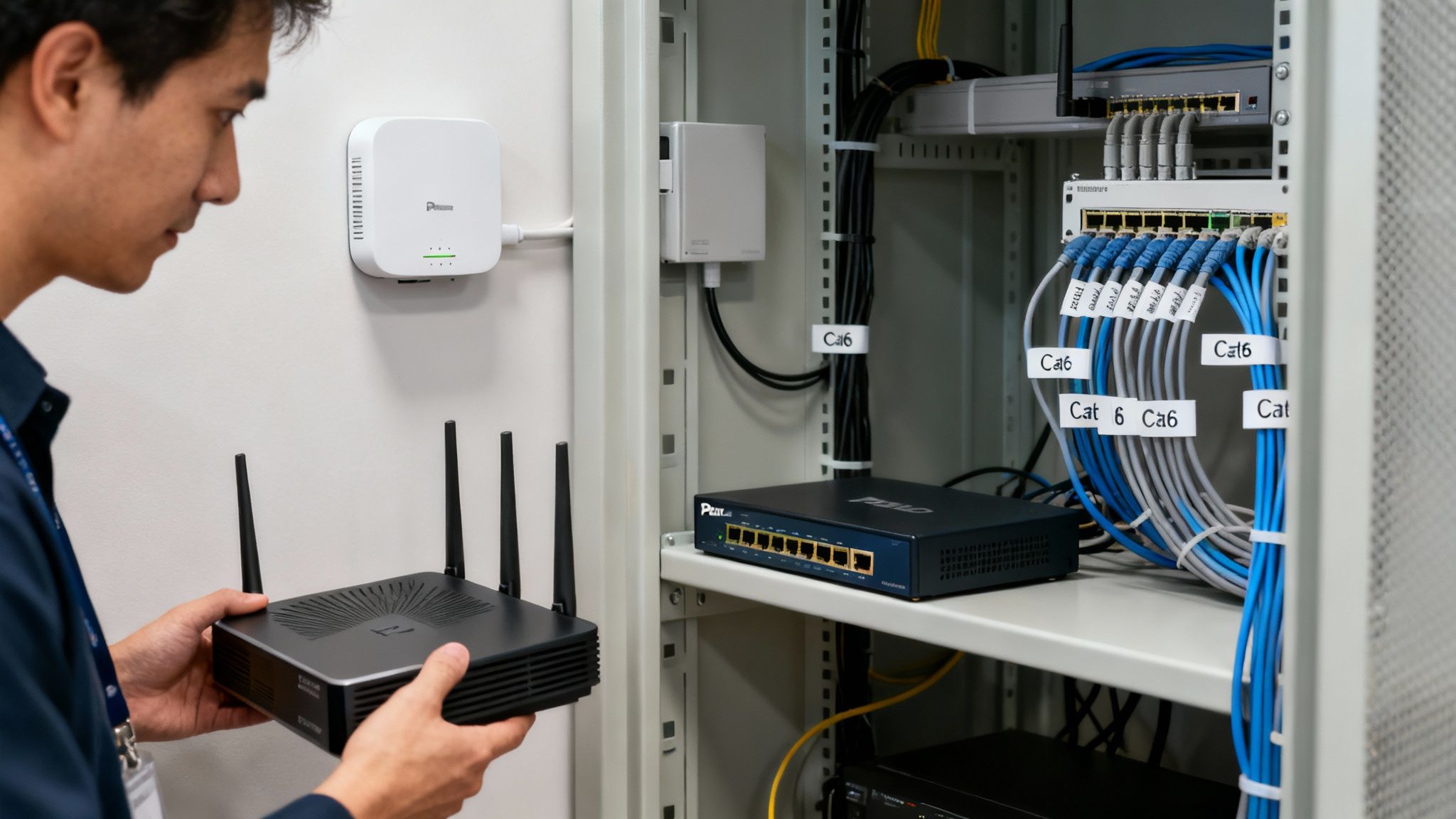 A man holds a network router while looking at organized server rack with switches and Cat6 cables.