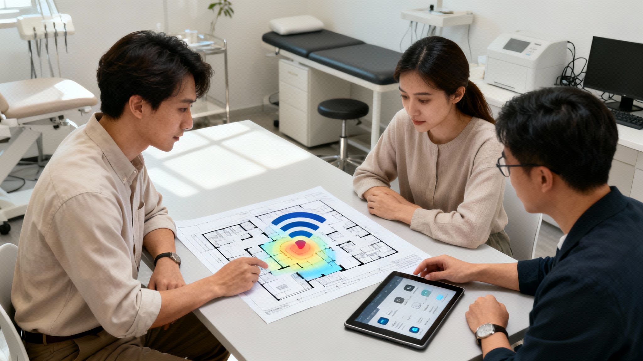 Three people discuss a building floor plan displaying Wi-Fi signal coverage and smart home apps.