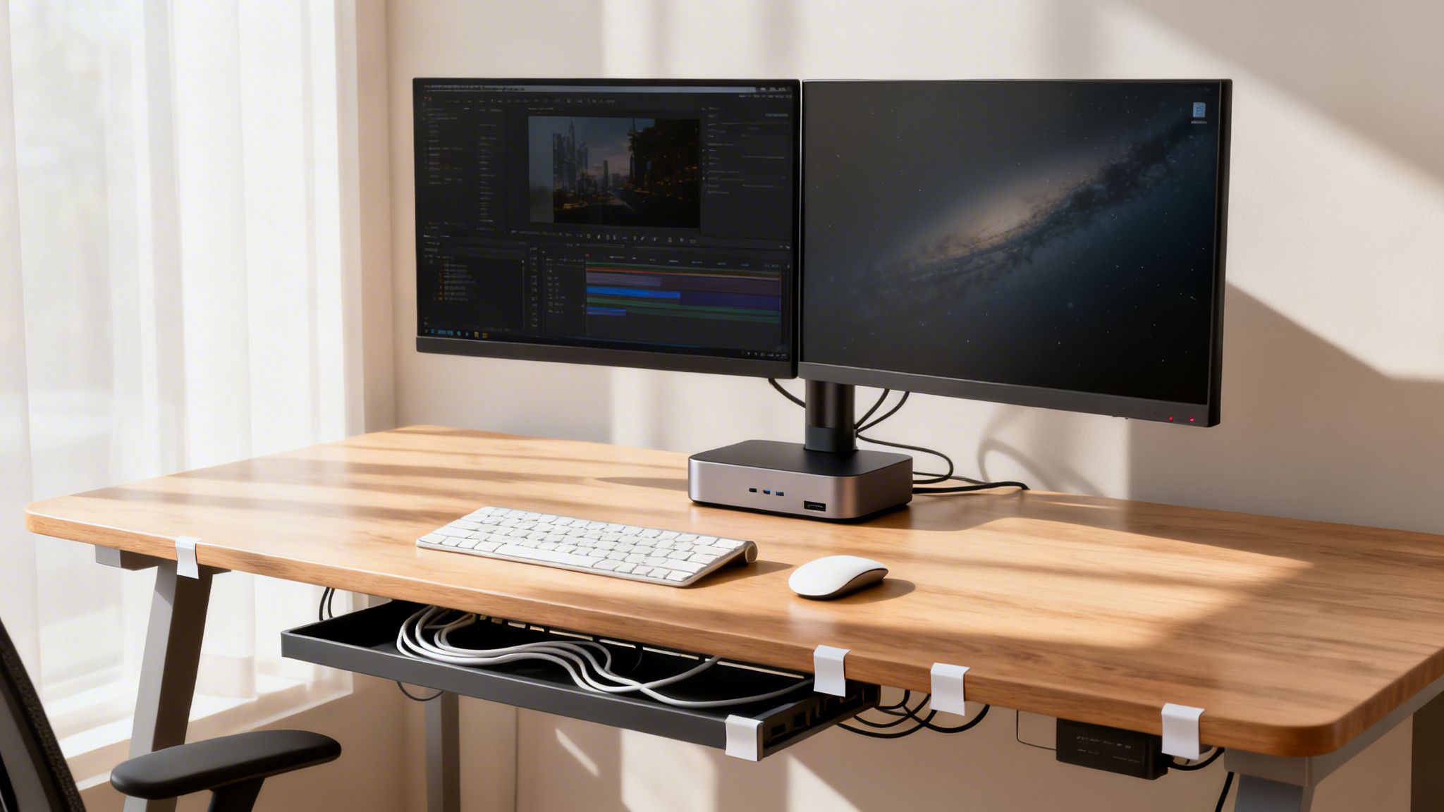 A clean wooden desk with dual monitors, computer, keyboard, mouse, and organized cables.