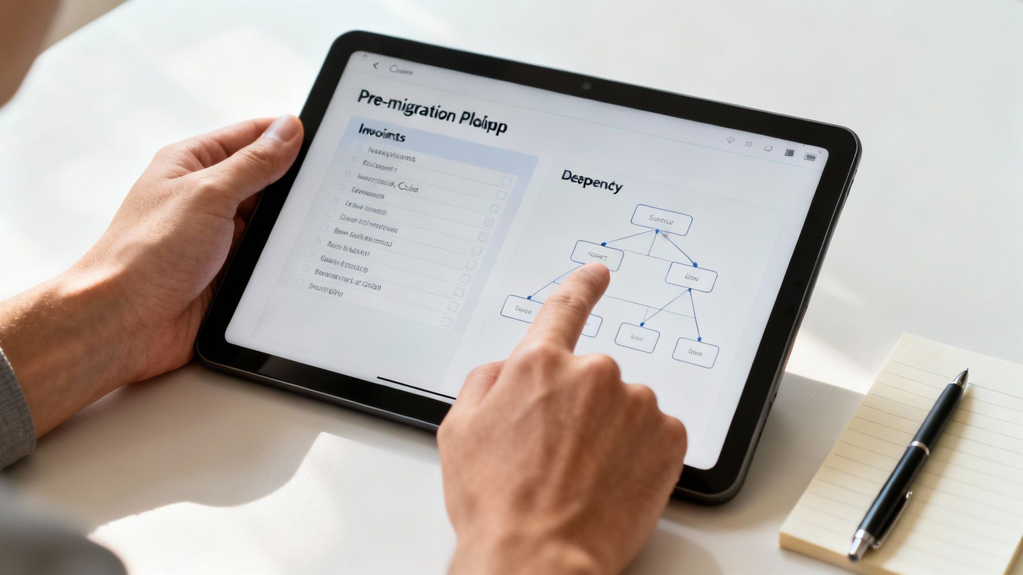 Engineers collaborating around a whiteboard with architectural diagrams and sticky notes, planning a cloud migration.