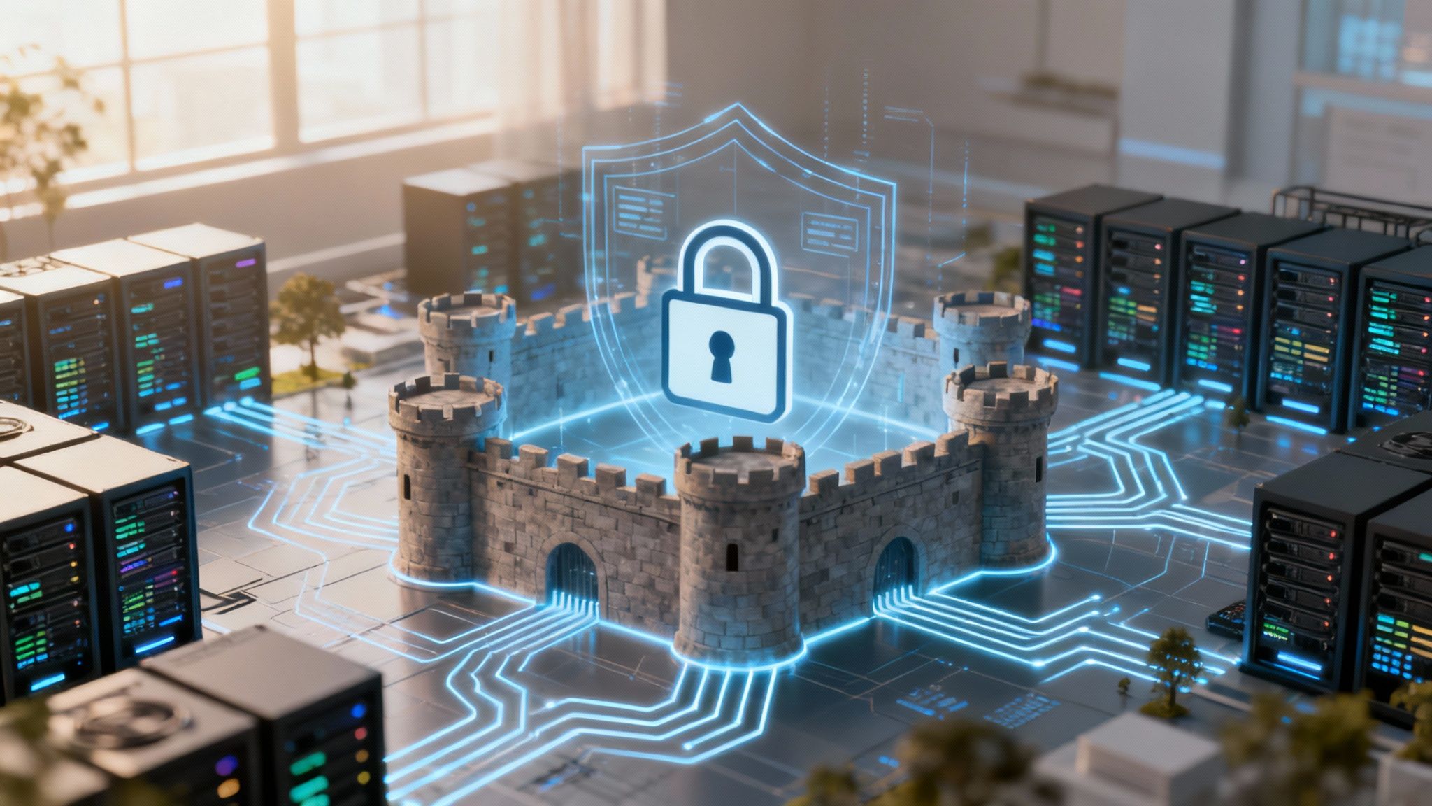A stylized digital shield protecting a network of connected devices from outside threats, symbolizing robust network security.