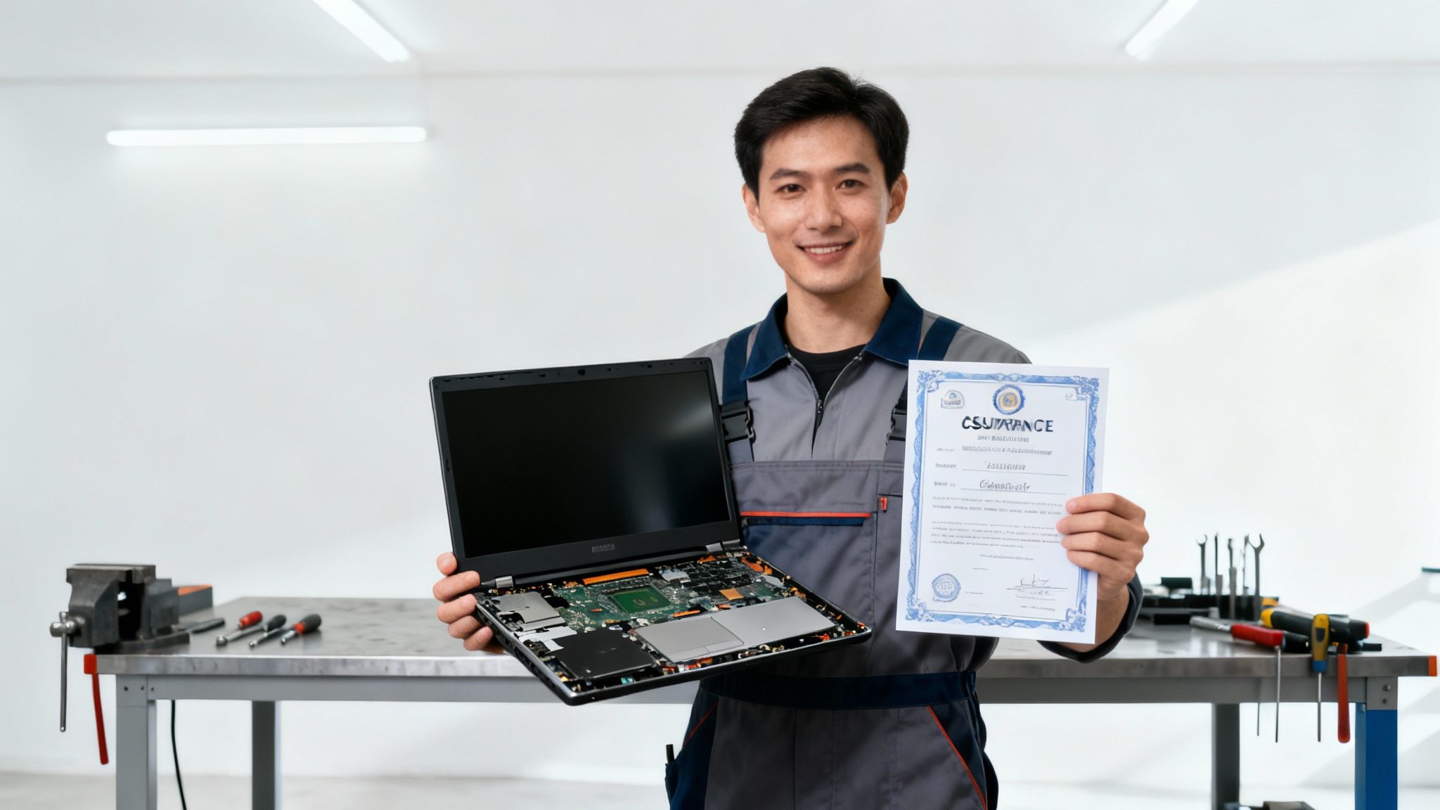 A technician providing a clear explanation to a customer in a computer repair shop.
