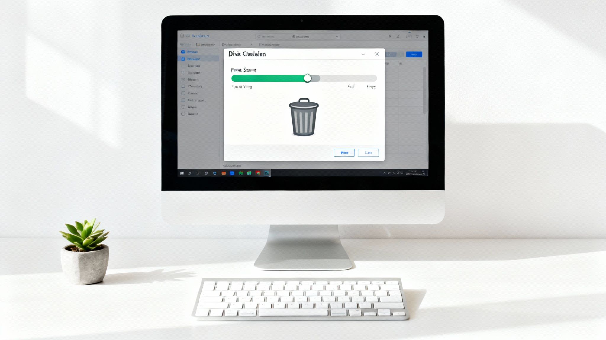 Computer monitor displaying disk cleanup utility scanning process to free up storage space
