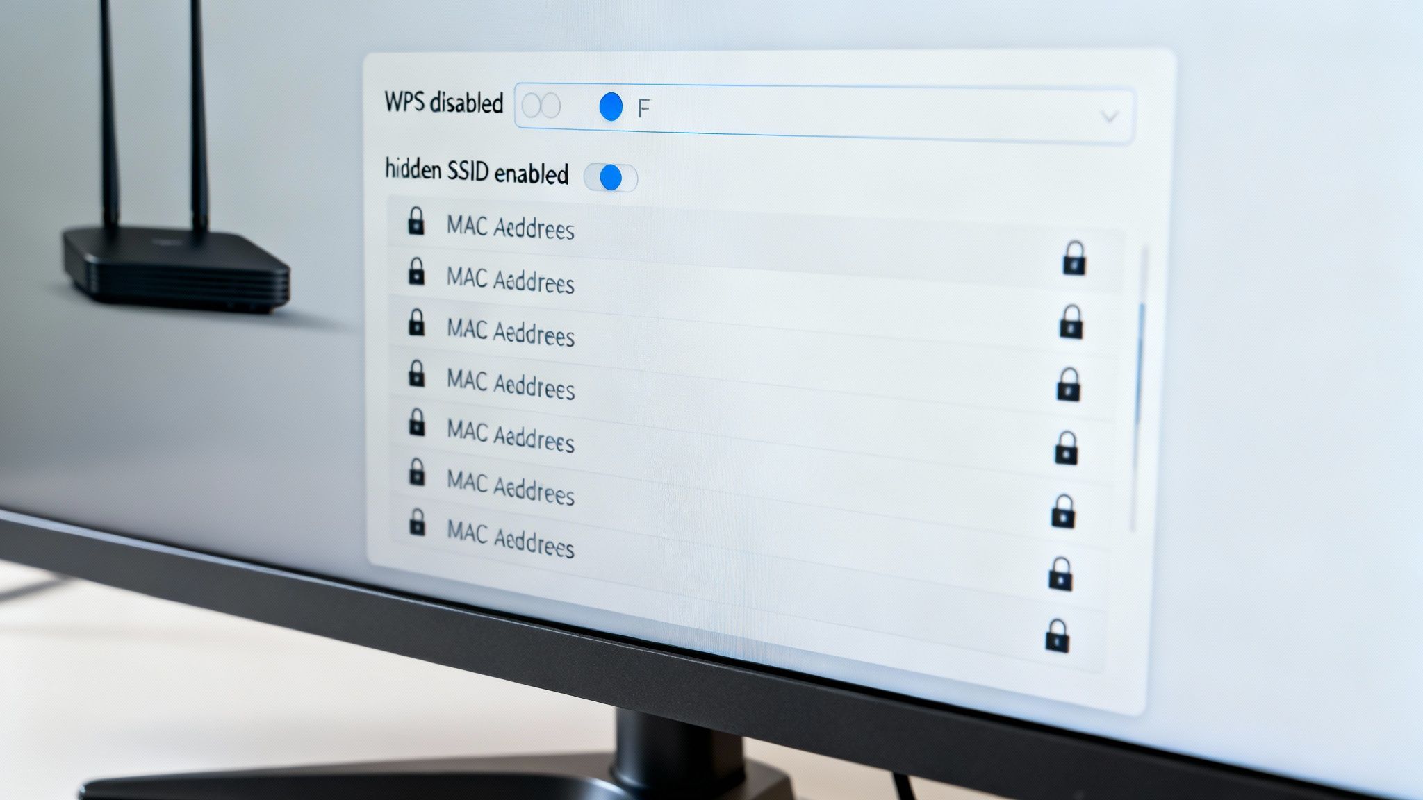 A person adjusting settings on a laptop connected to a modern Wi-Fi router, symbolizing network security configuration.