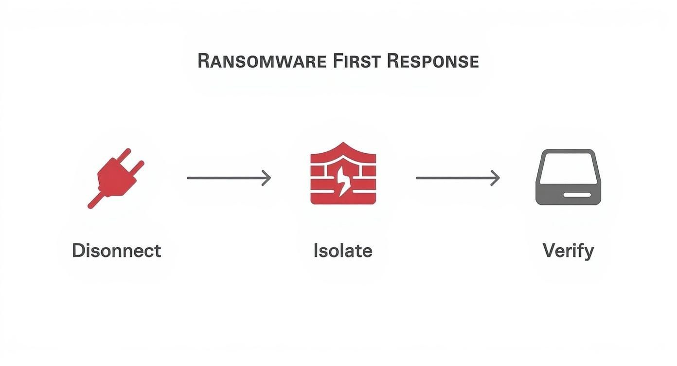 Infographic detailing the first response process for a ransomware attack, showing steps to disconnect, isolate, and verify systems.
