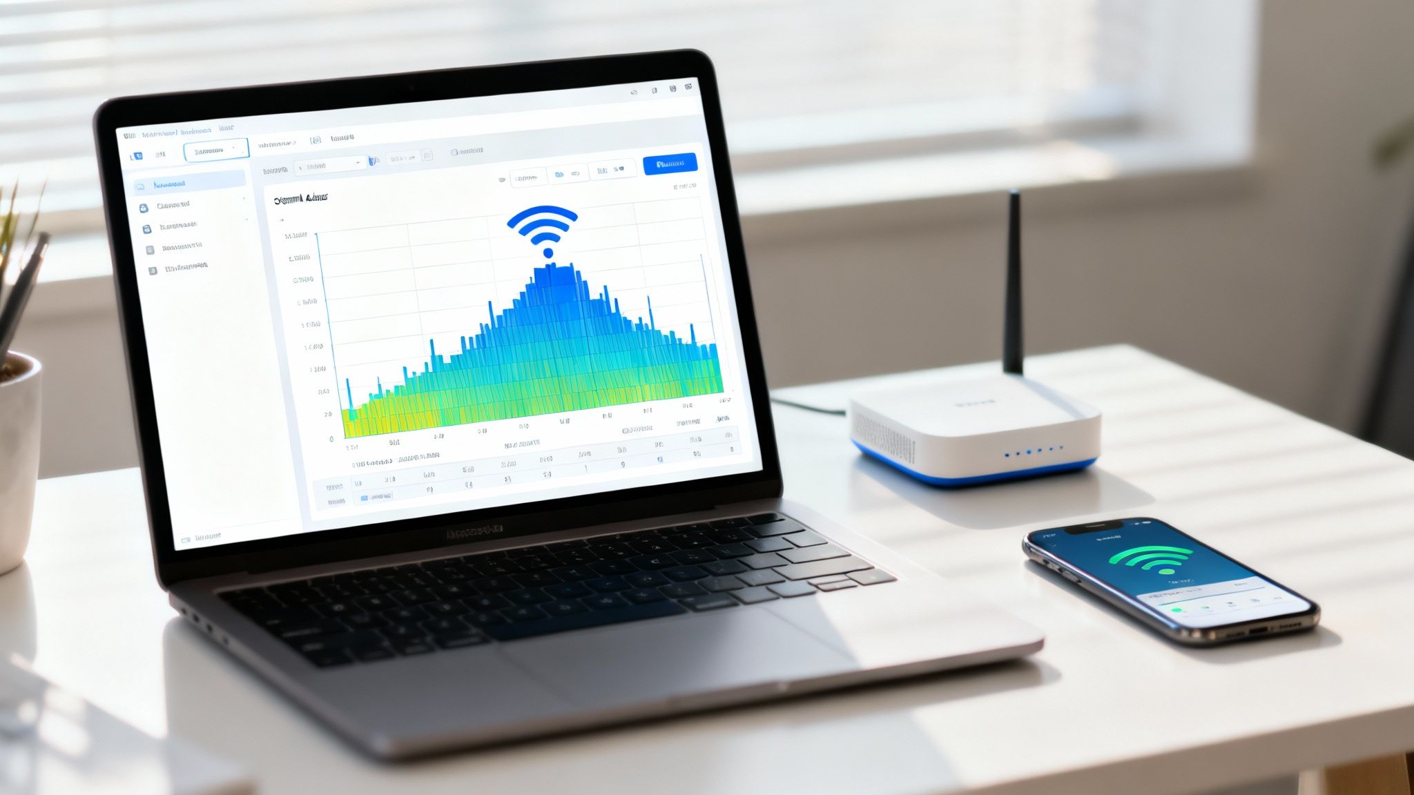 A network technician using a tablet to analyze Wi-Fi signals in an office setting.