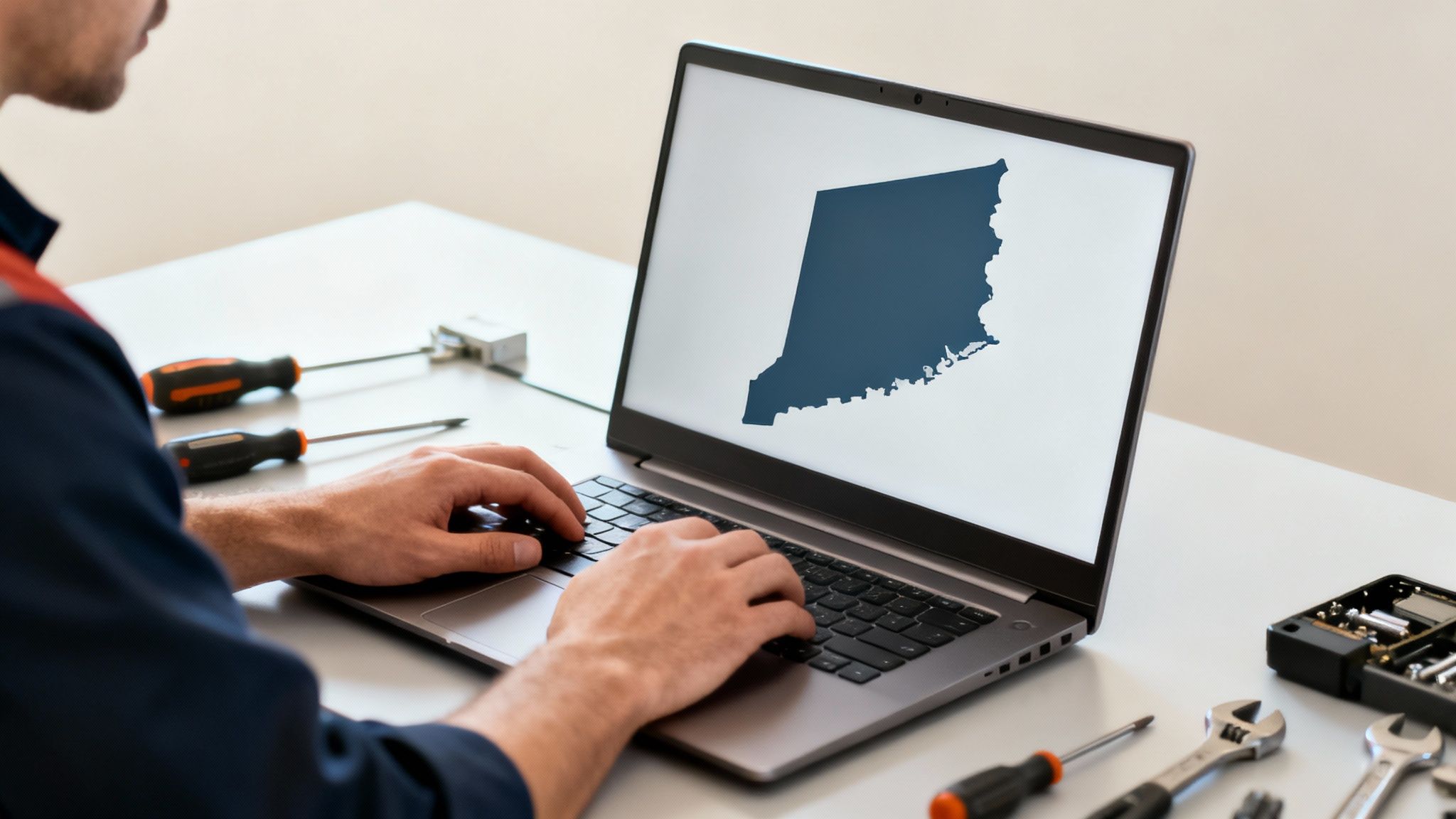 Technician works on a laptop showing a map of Connecticut, surrounded by computer repair tools.