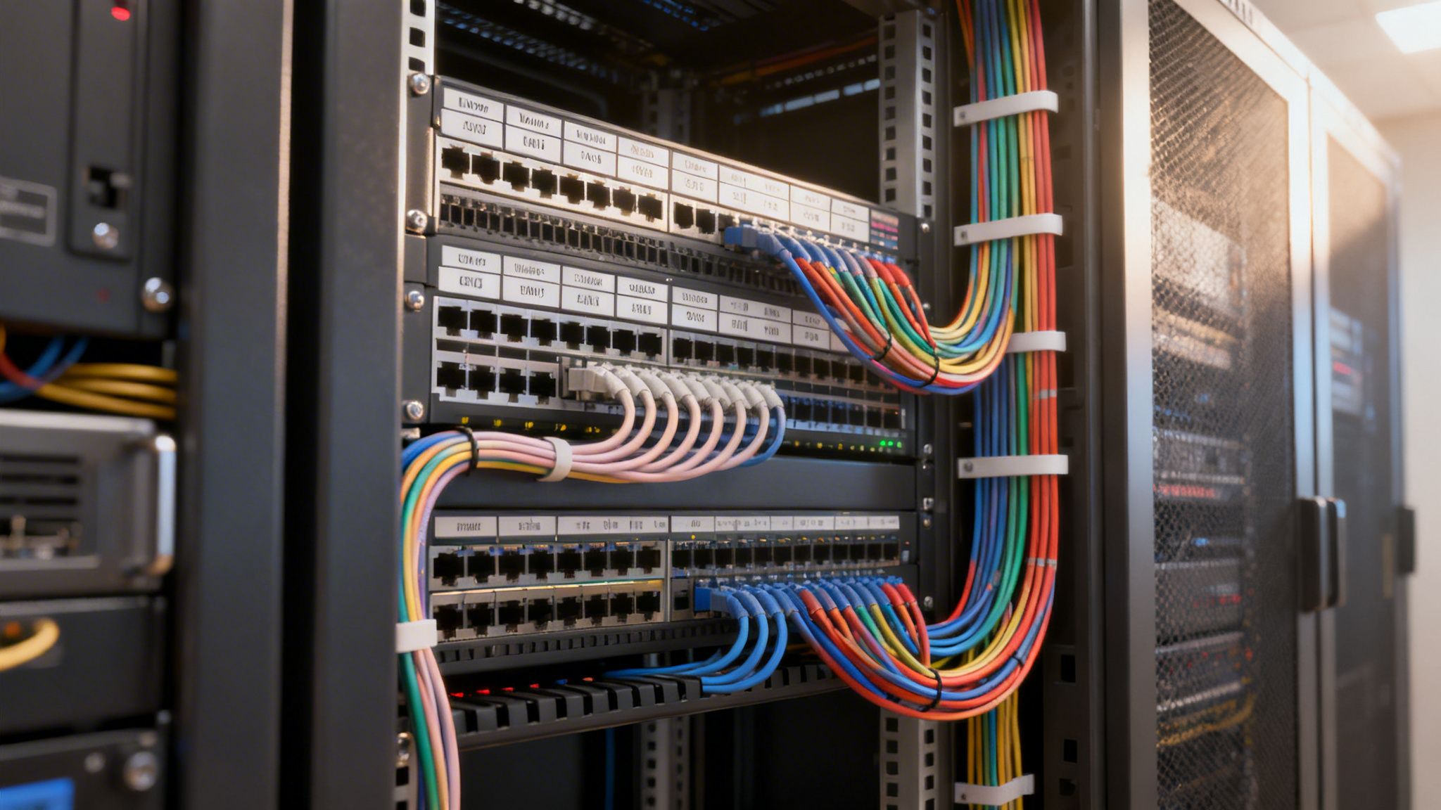 Close-up of a server rack with neatly organized, colorful network cables and switches.