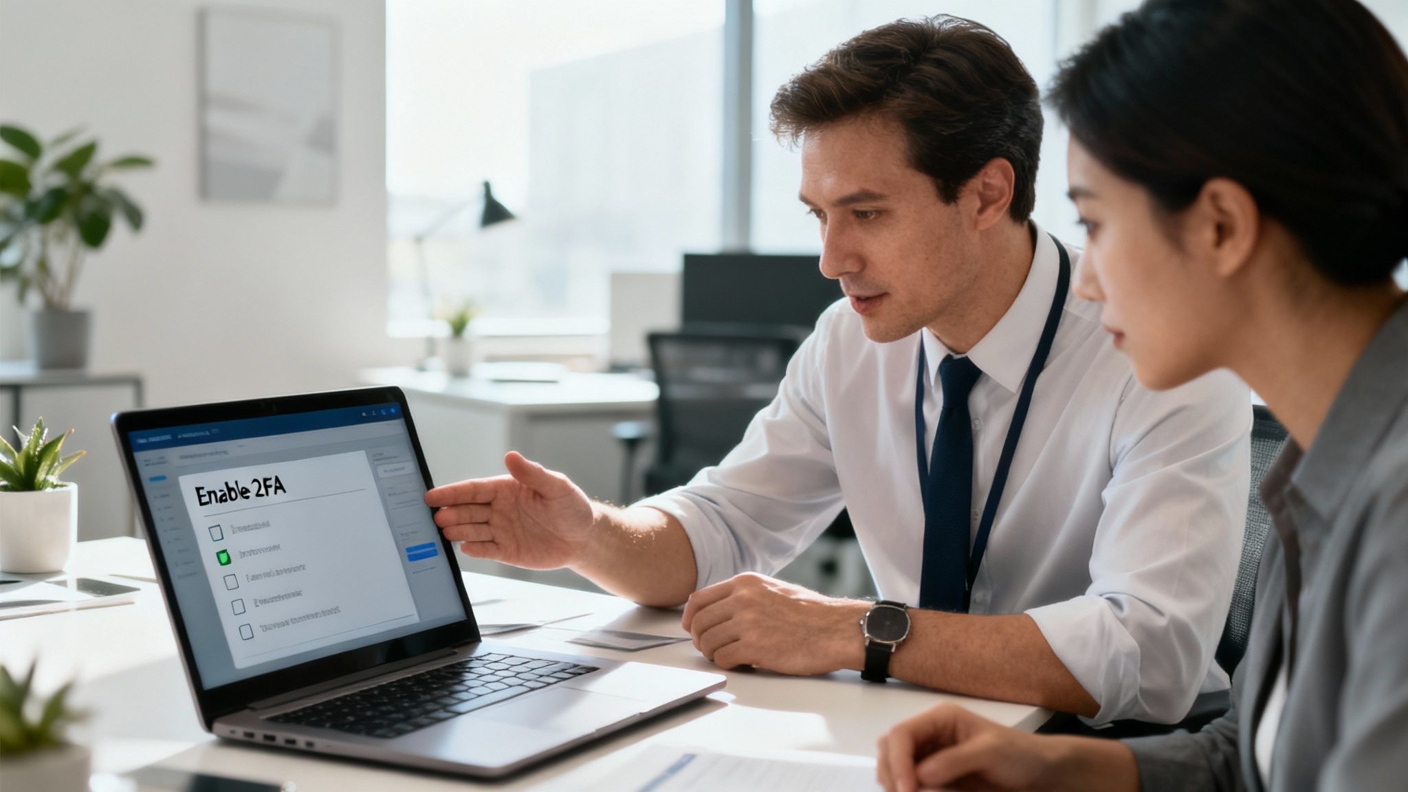 Business professionals reviewing two factor authentication security settings on laptop in modern office