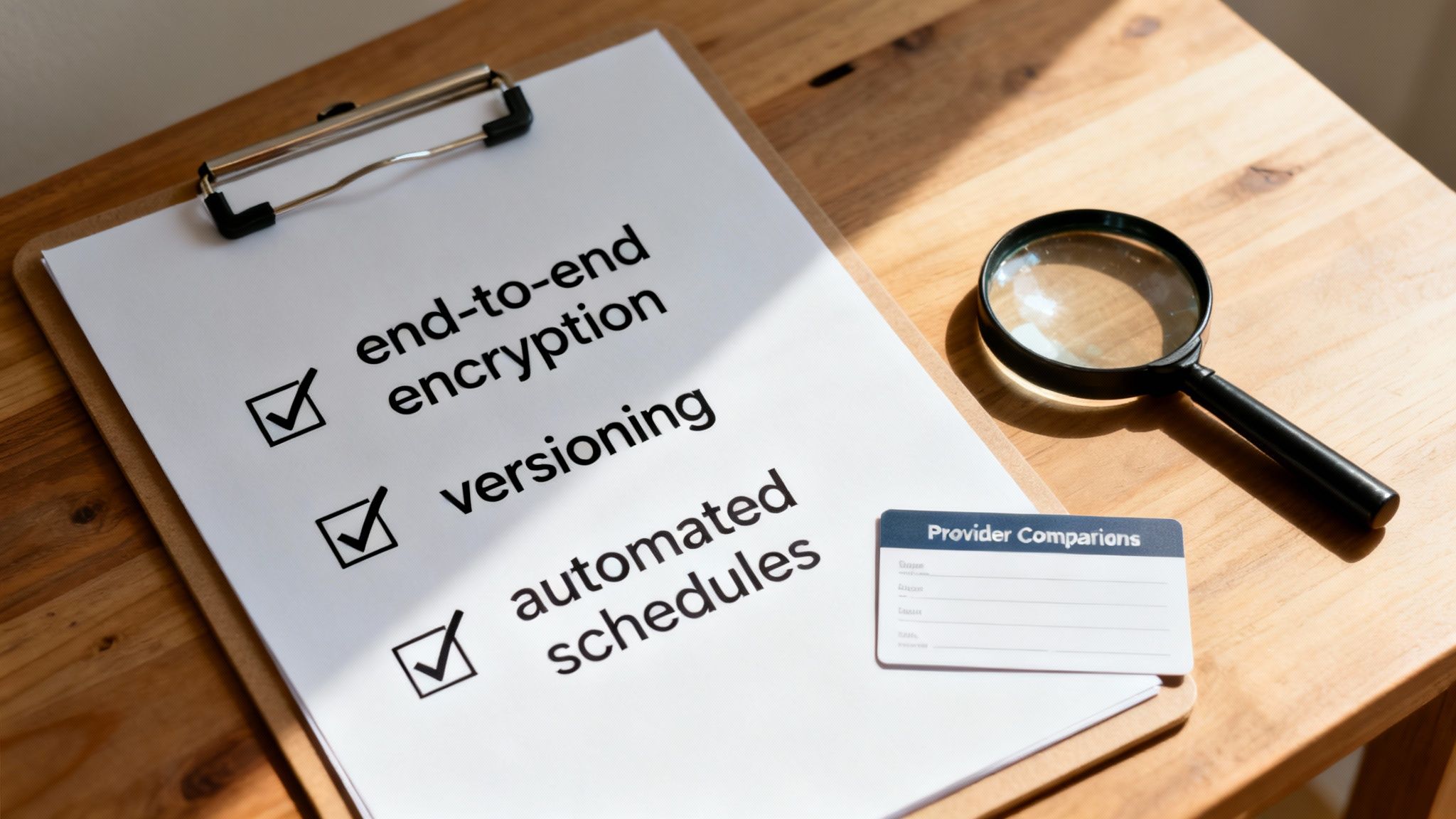 Laptop user checking a list while looking at a cloud icon on a screen.