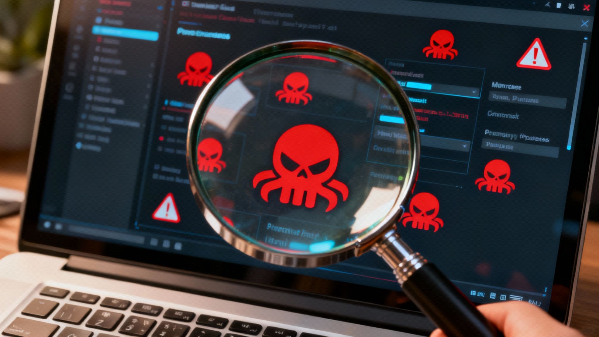 A magnifying glass hovering over a computer screen, highlighting virus and malware symbols.