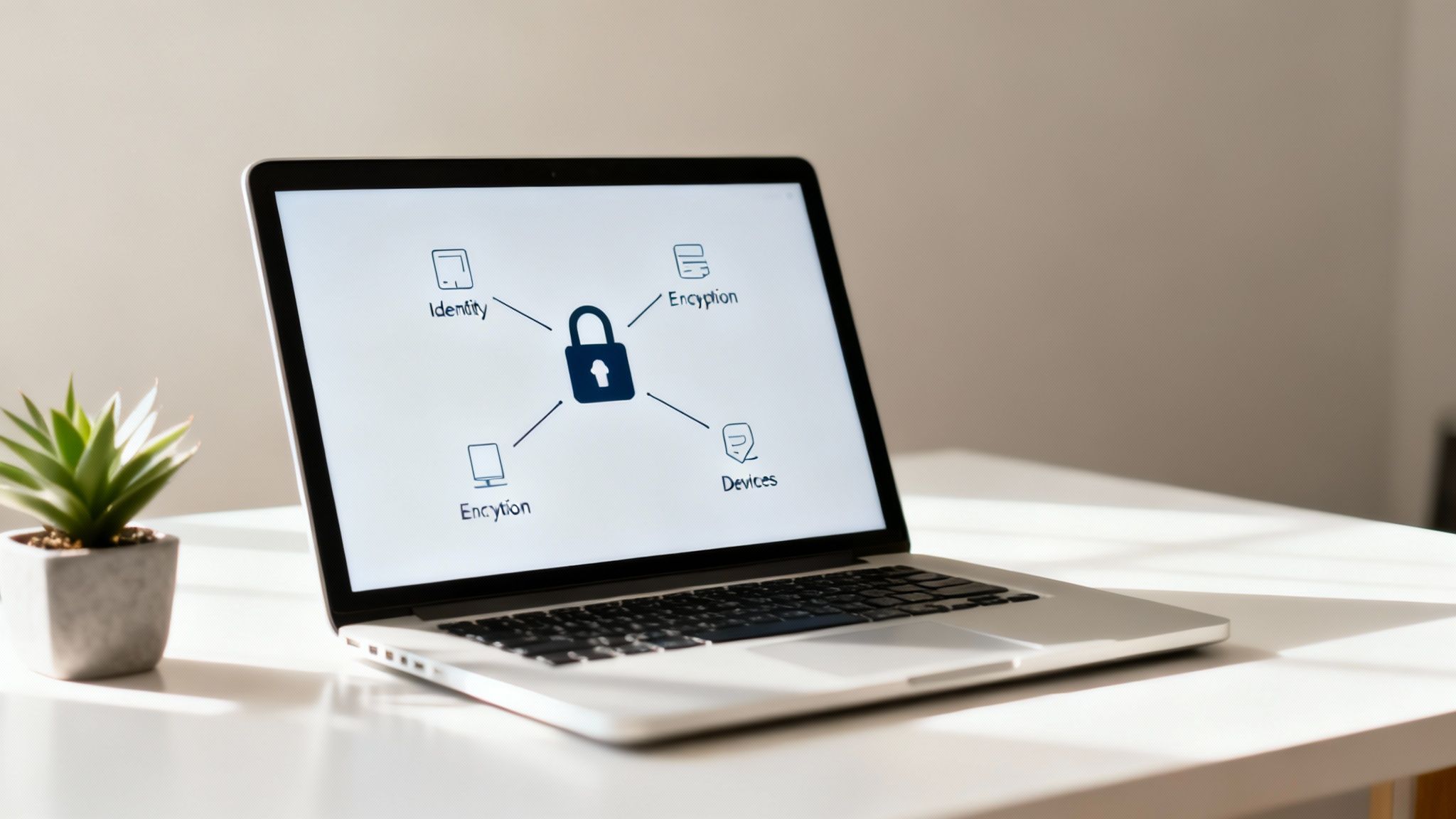 A laptop displays a cybersecurity diagram with a padlock icon, illustrating identity, encryption, and devices.