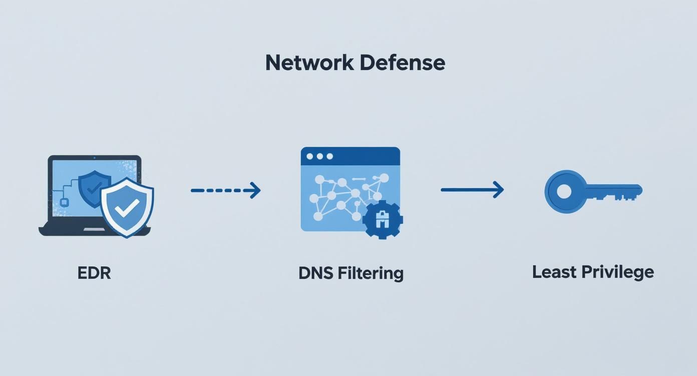 Network defense diagram showing EDR, DNS filtering, and least privilege security layers with connecting arrows