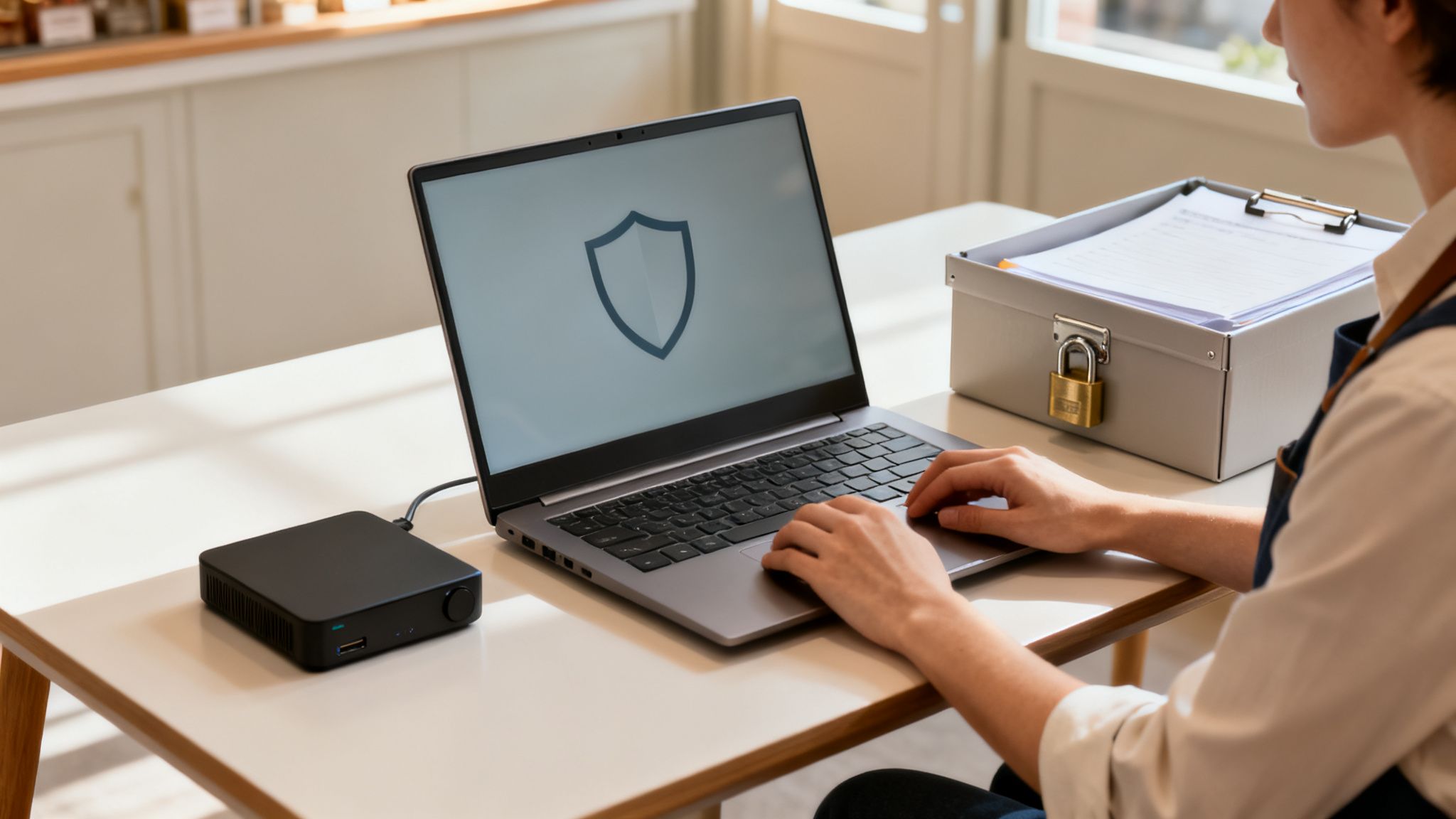 A small business owner secures digital documents and operations with a laptop and external storage.