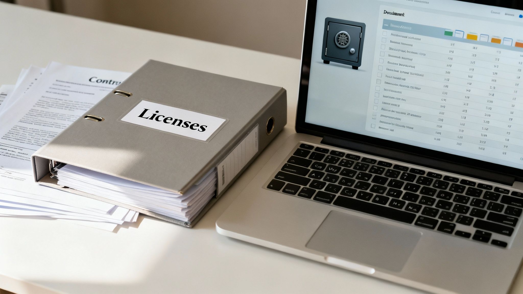 A grey binder labeled 'Licenses' on a desk next to a laptop showing digital documents.