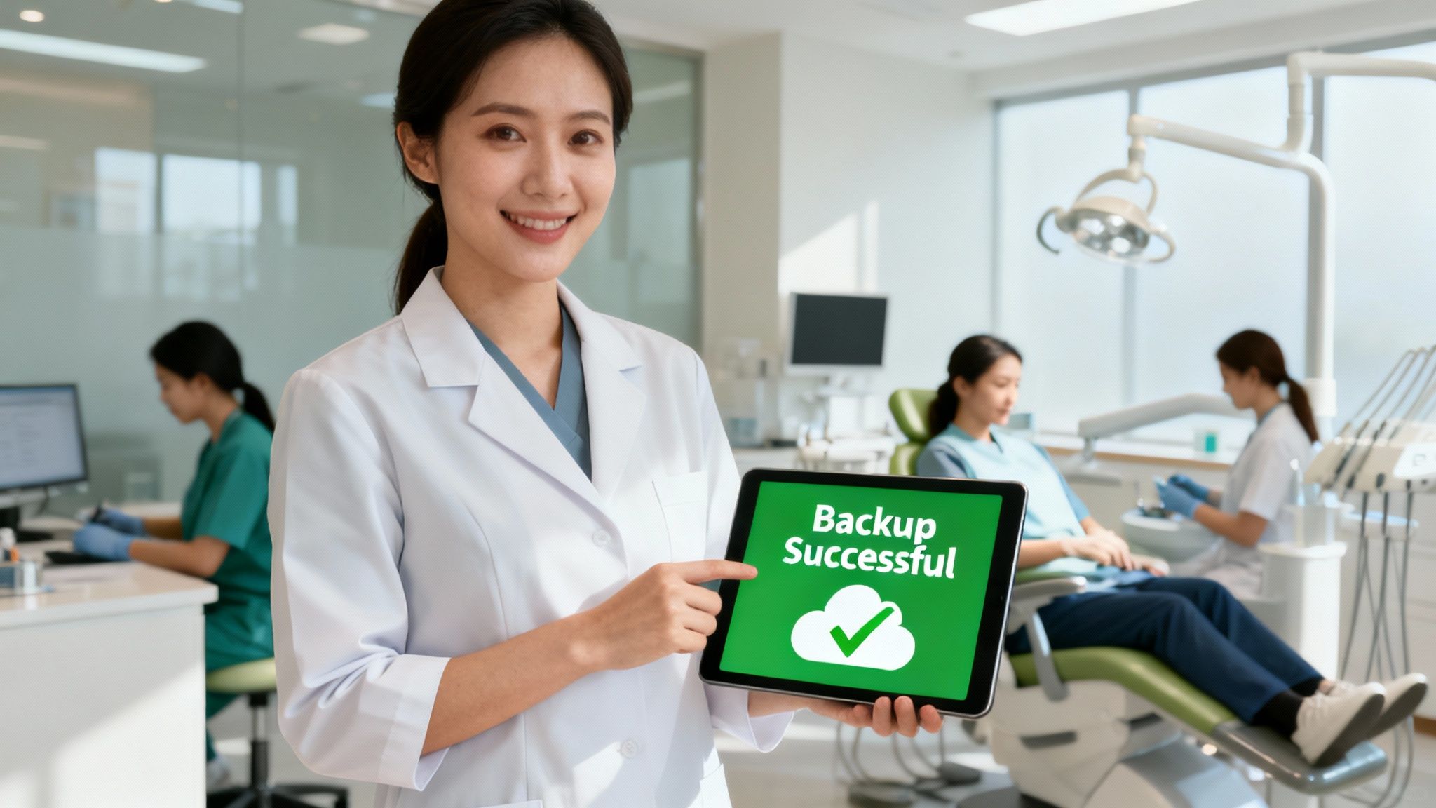 A smiling dentist shows a tablet displaying 'Backup Successful' in a modern dental office.