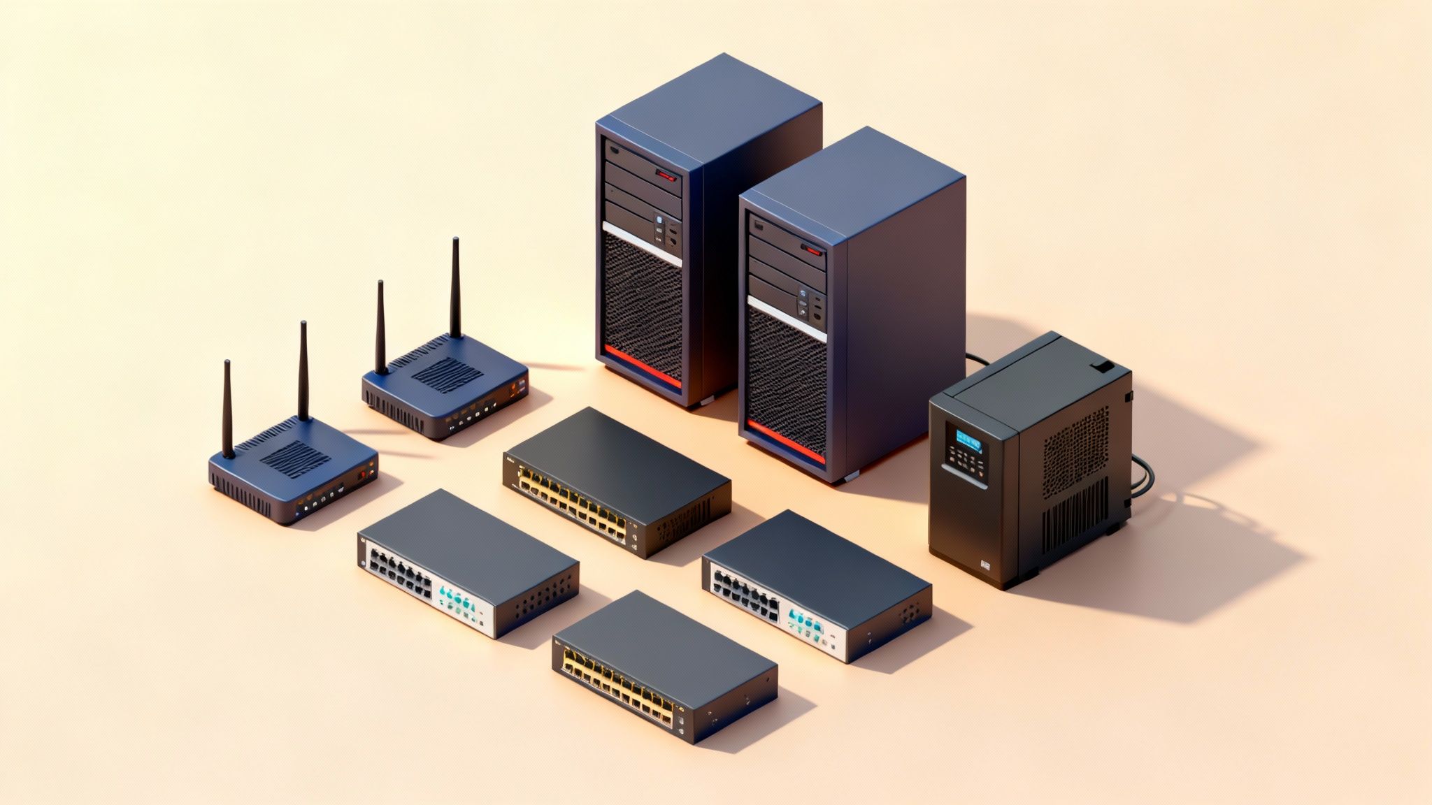 An image of organized network hardware in a server rack, including routers, switches, and servers.