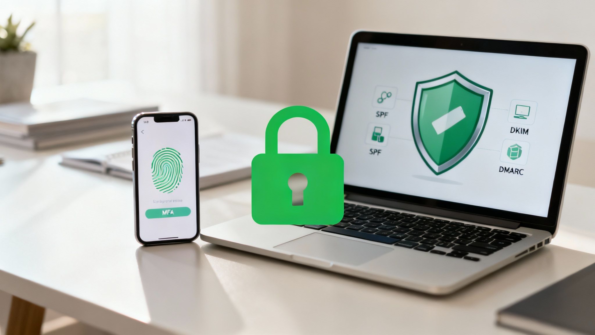 Laptop and smartphone displaying email security features with SPF, DKIM, DMARC and MFA authentication protection