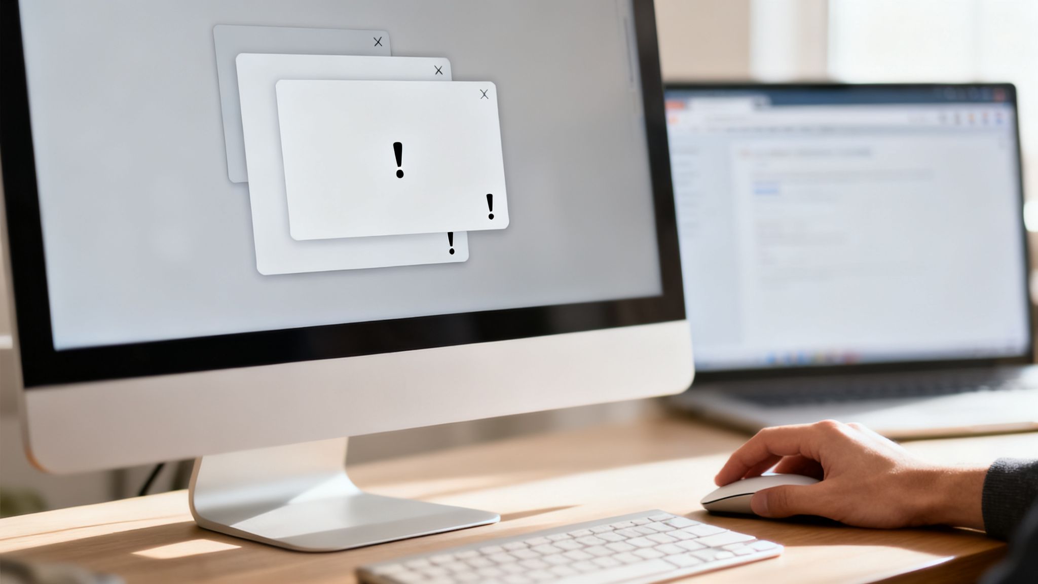 Desktop computer screen displaying multiple error pop-up windows with exclamation marks, a hand on mouse.