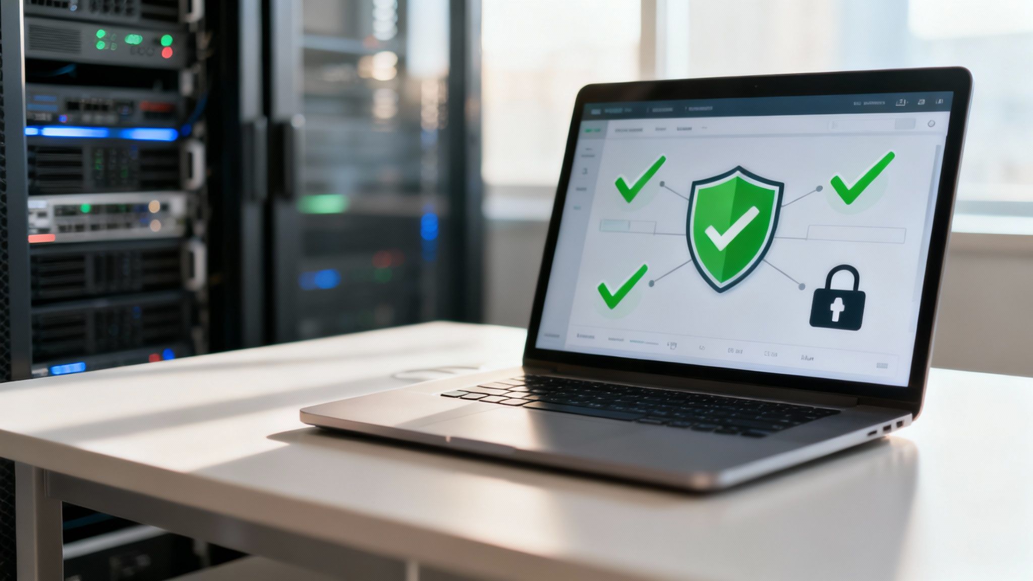 A network administrator working on a server rack, representing network security and management.